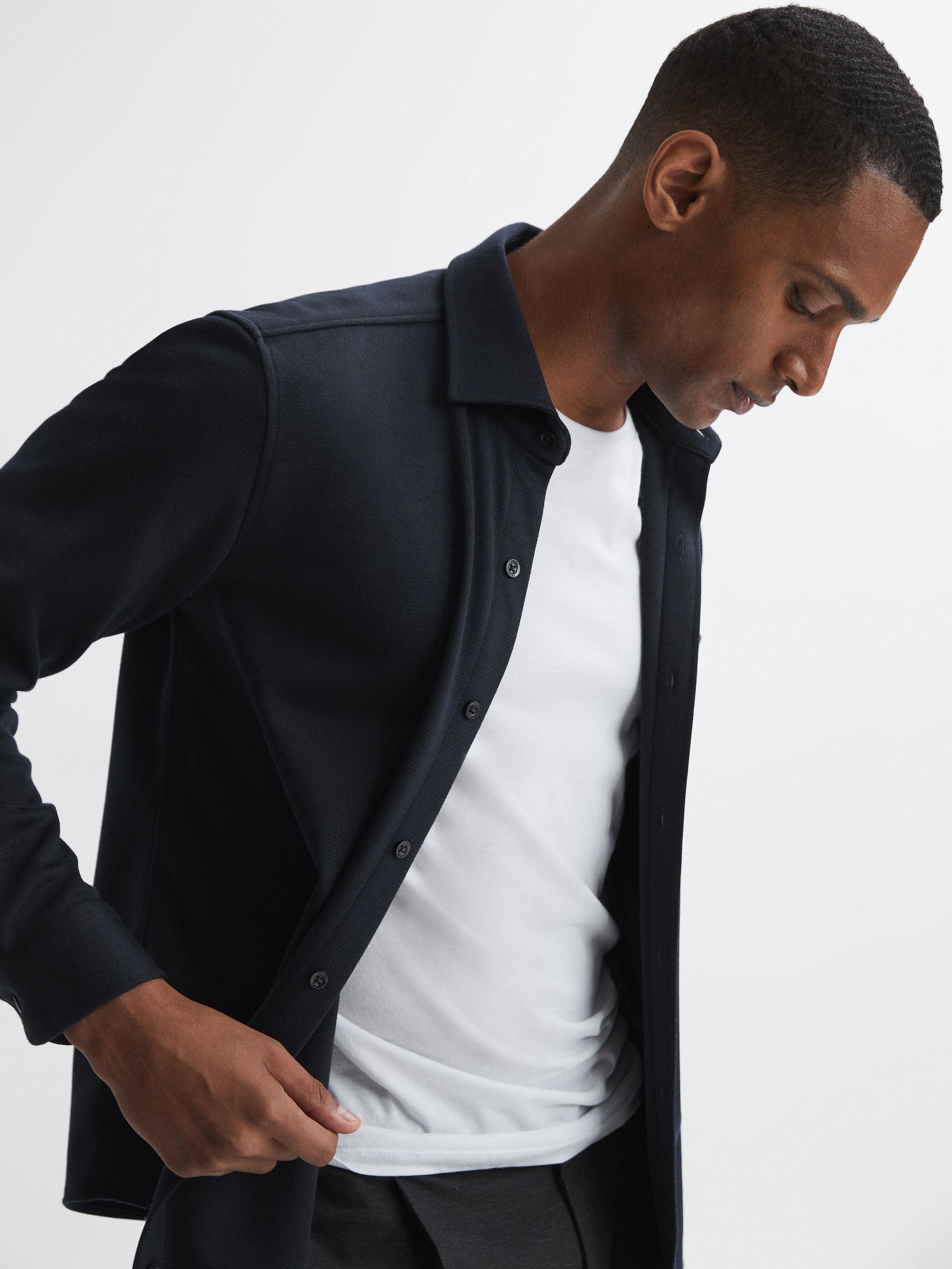 Textured Button-Through Overshirt in Navy - Image 3 of 5