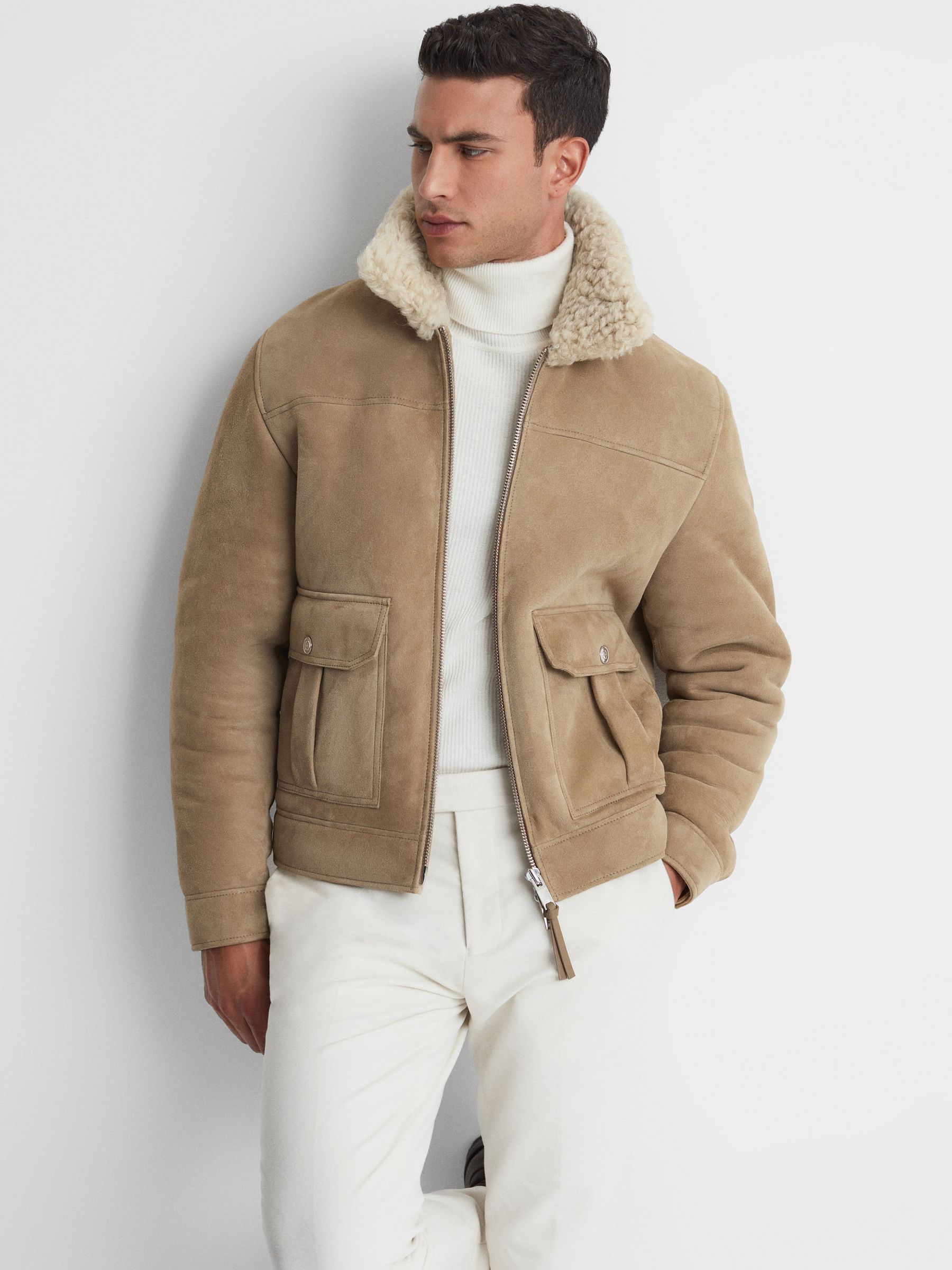 Reiss Suede Sheepskin Zip-Through Jacket in Stone REISS