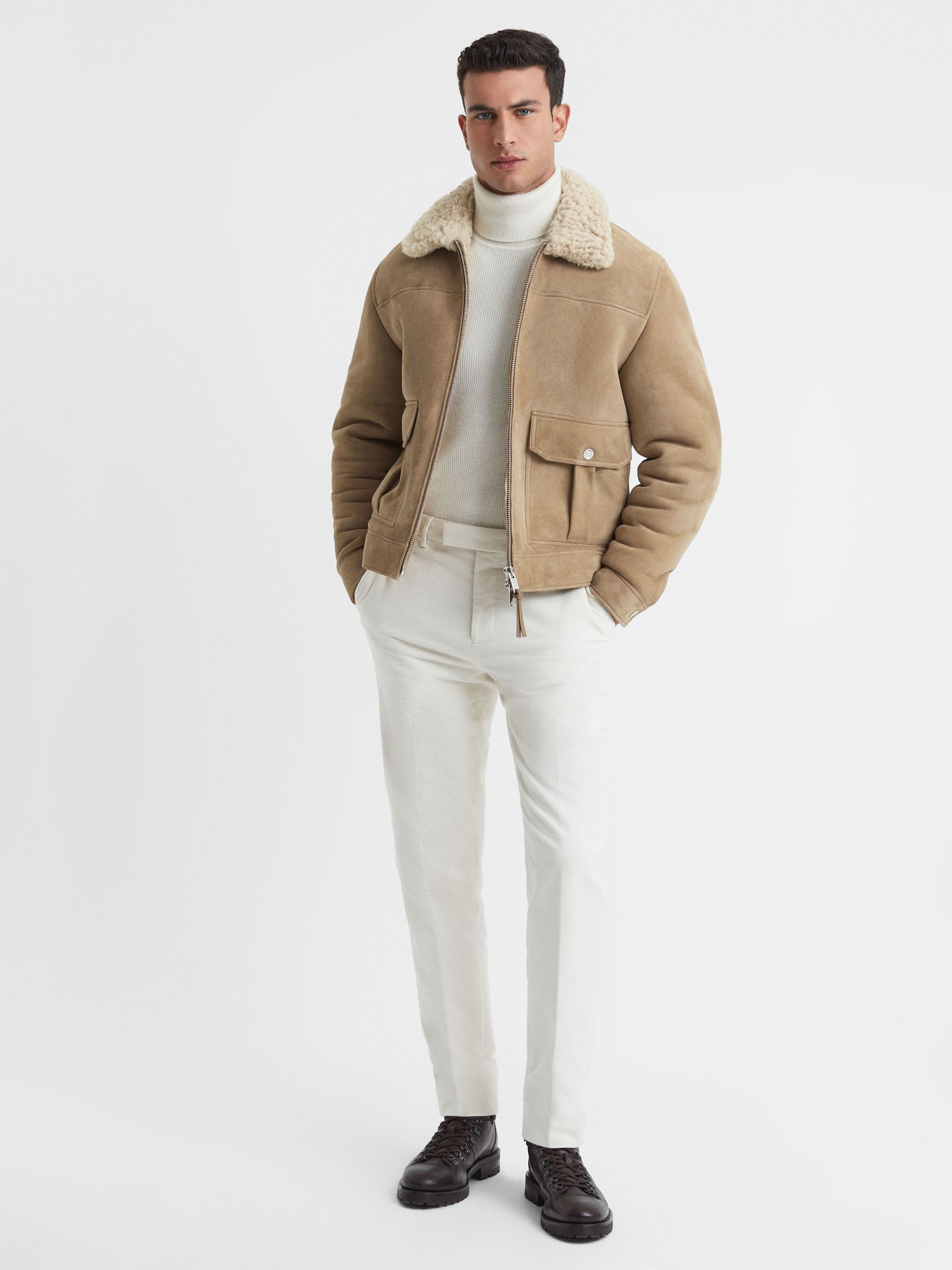 Reiss Suede Sheepskin Zip-Through Jacket in Stone | REISS