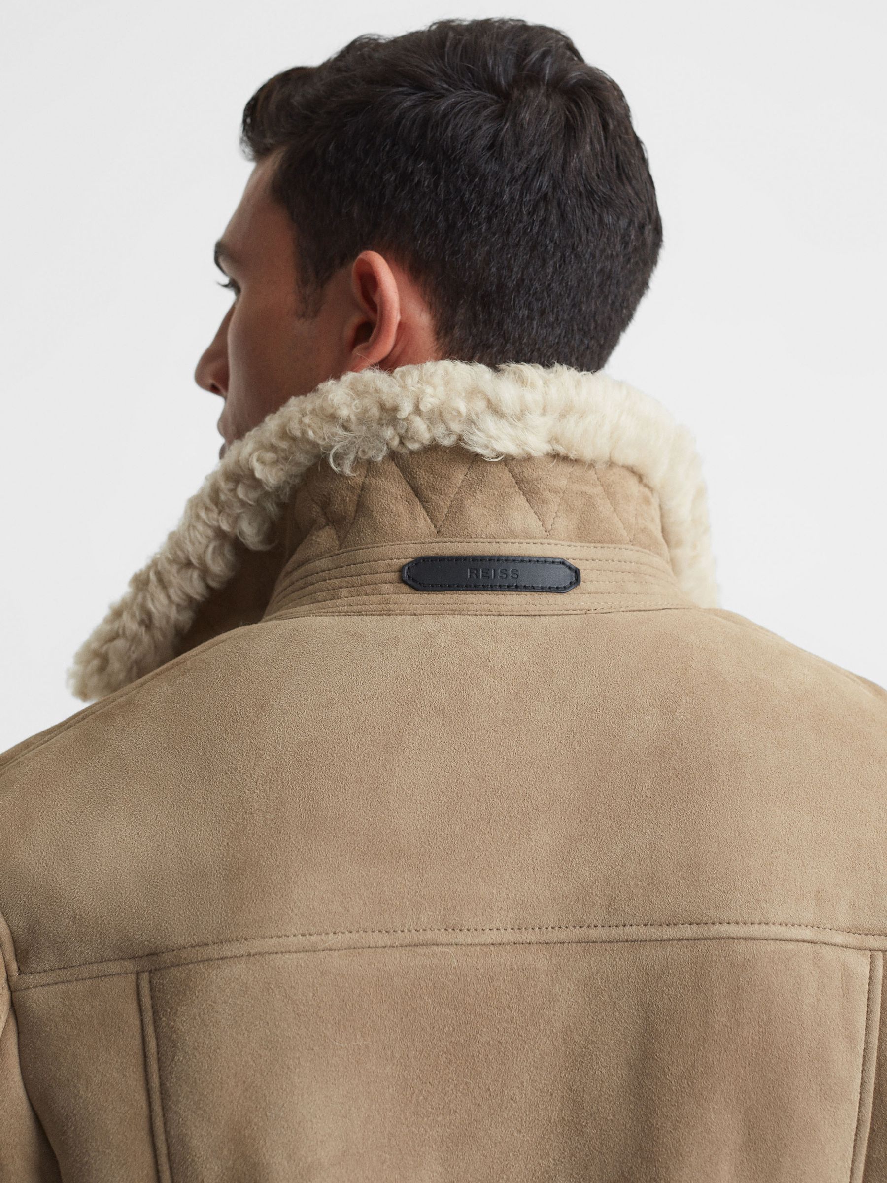 Reiss Suede Sheepskin Zip-Through Jacket in Stone | REISS
