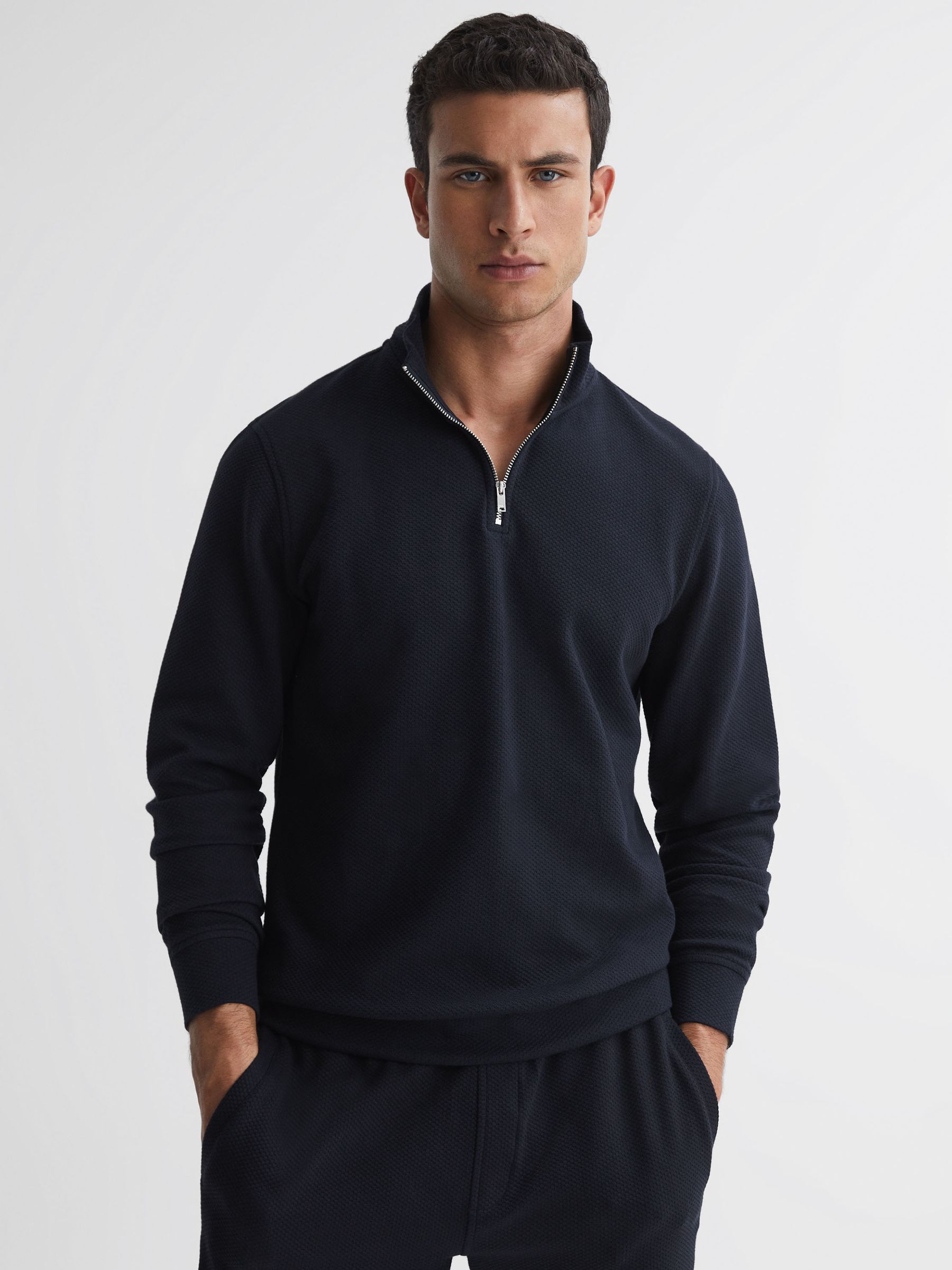 Slim Fit Textured Half Zip Top in Navy - Image 1 of 4