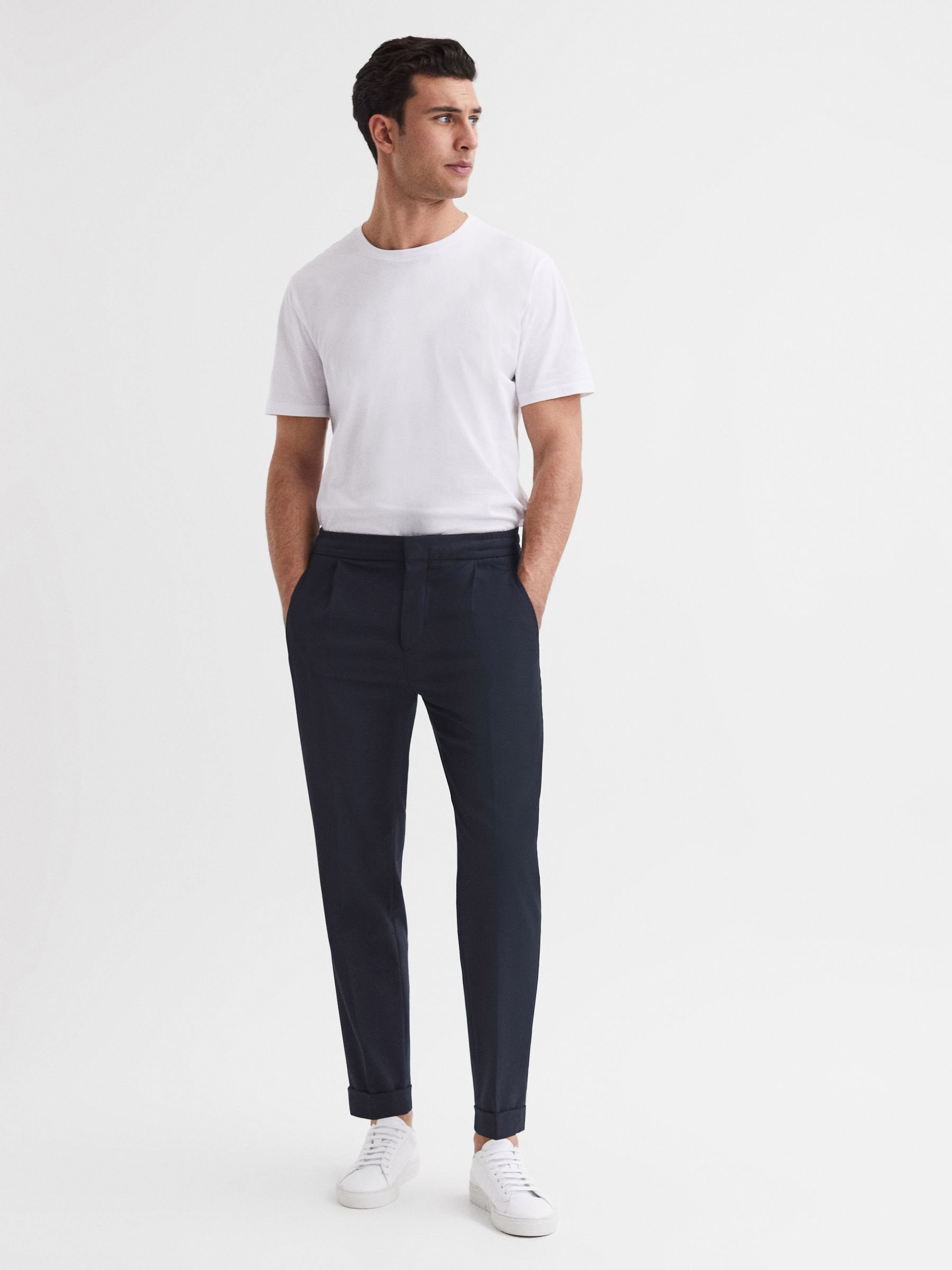 Relaxed Drawstring Trousers with Turn-Ups in Navy - Image 3 of 5