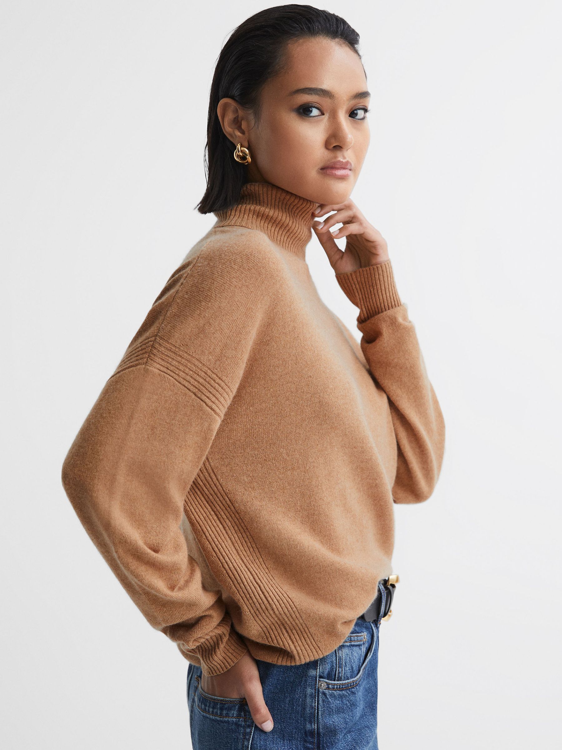 Knitted Roll Neck Jumper in Camel - Image 4 of 7