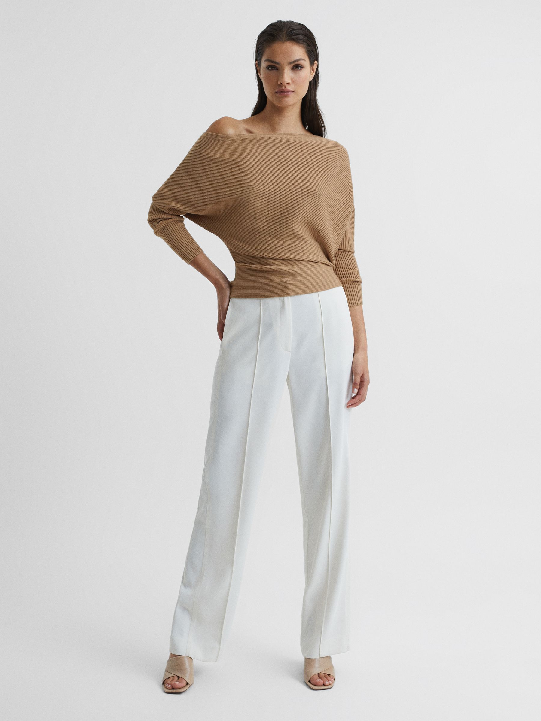 Asymmetric Drape Knitted Top in Camel - Image 3 of 6