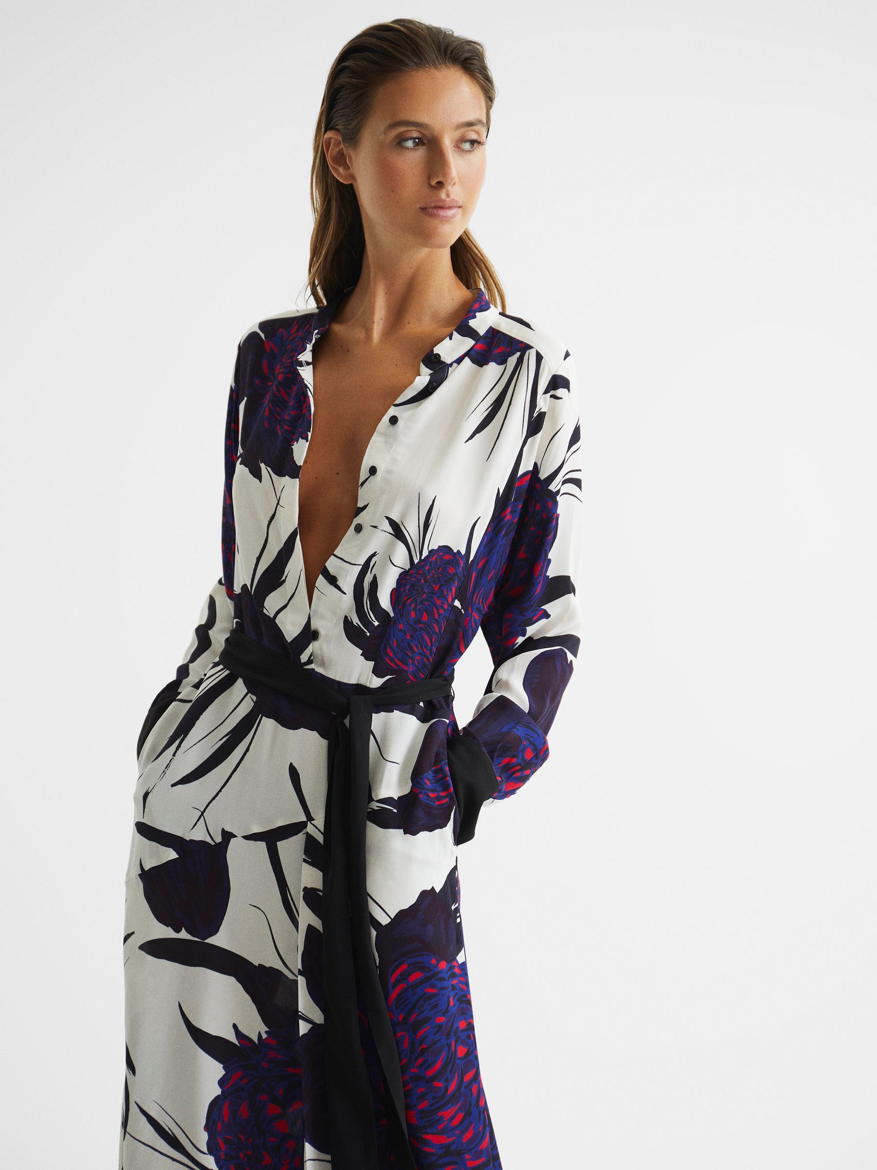 Large Scale Floral Midi Dress in Purple - Image 3 of 6