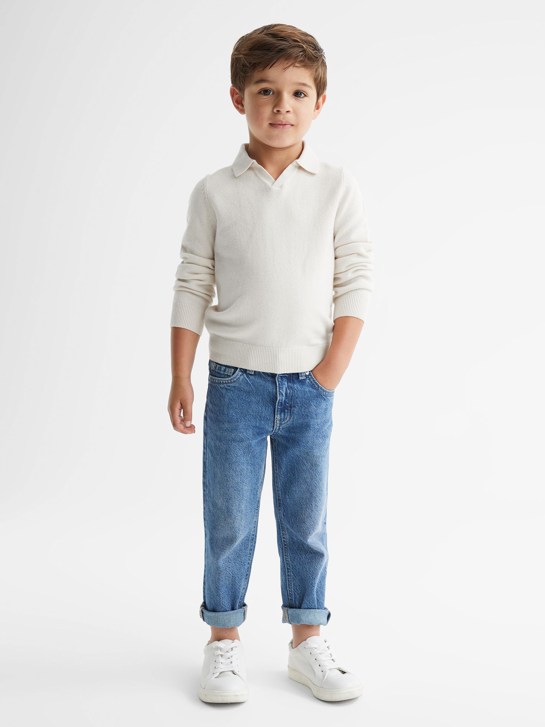 Junior Wool-Cashmere Blend Open Collar Polo in Milk - Image 1 of 6