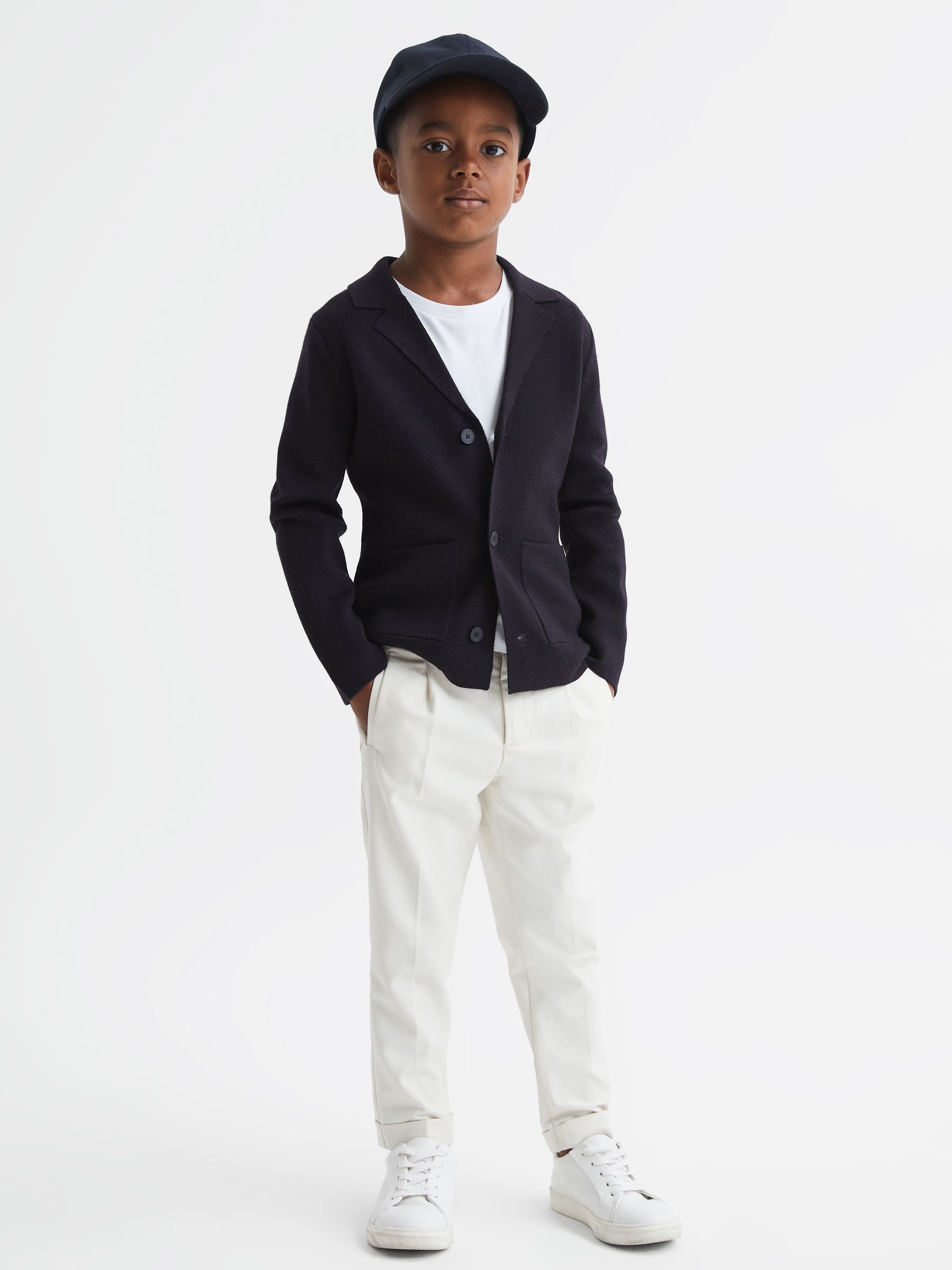 Junior Button Through Slim Fit Wool Blazer in Navy - Image 1 of 6