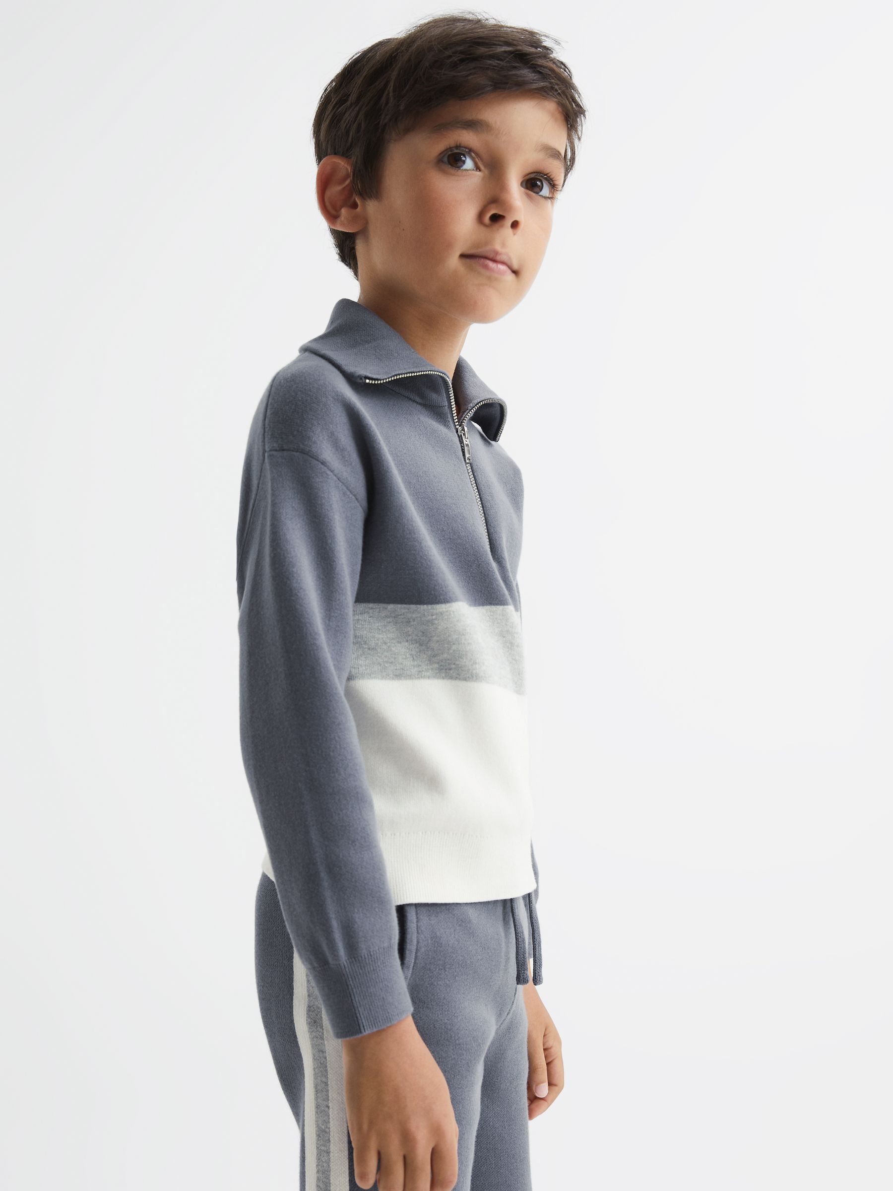 Junior Half Zip Funnel Neck Colourblock Jumper in Airforce Blue - Image 1 of 5