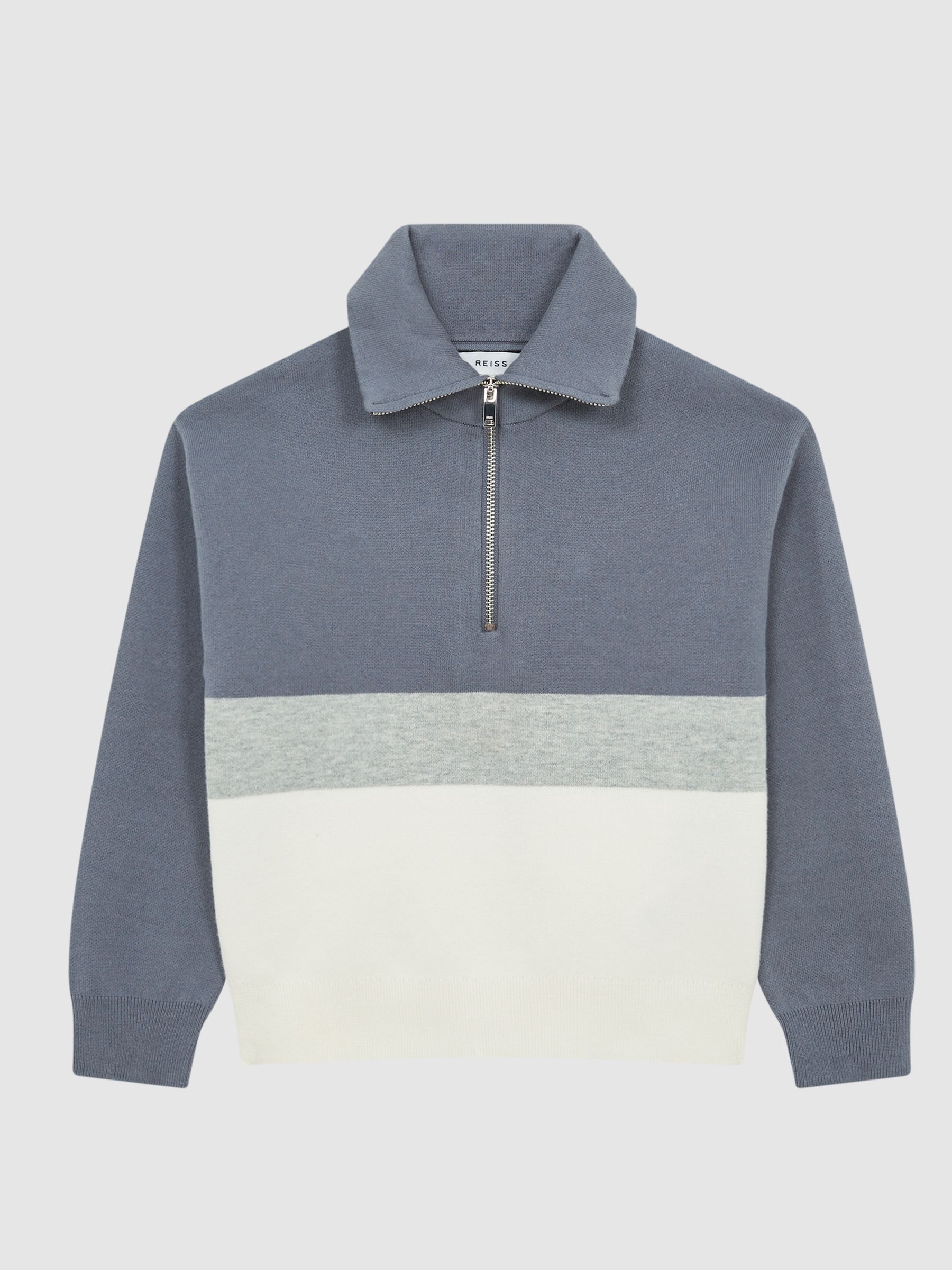 Junior Half Zip Funnel Neck Colourblock Jumper in Airforce Blue - Image 2 of 5 Junior Half Zip Funnel Neck Colourblock Jumper in Airforce Blue - Image 2 of 5
