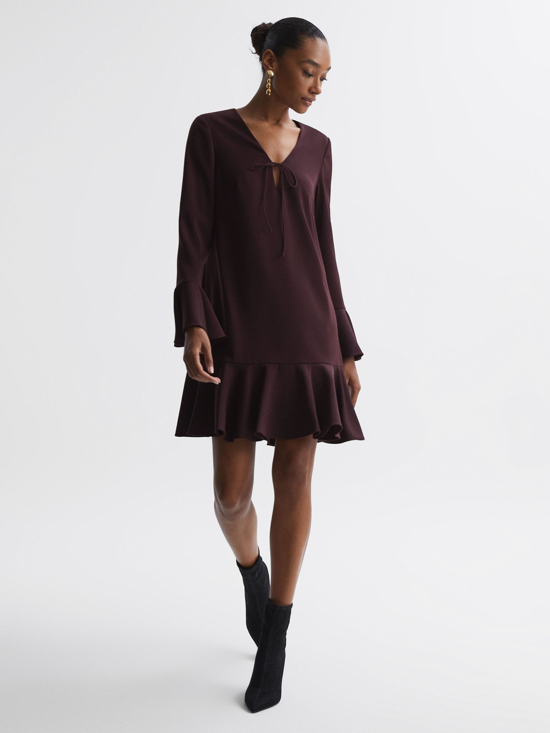 Florere V-Neck Mini Dress in Burgundy - Image 3 of 6