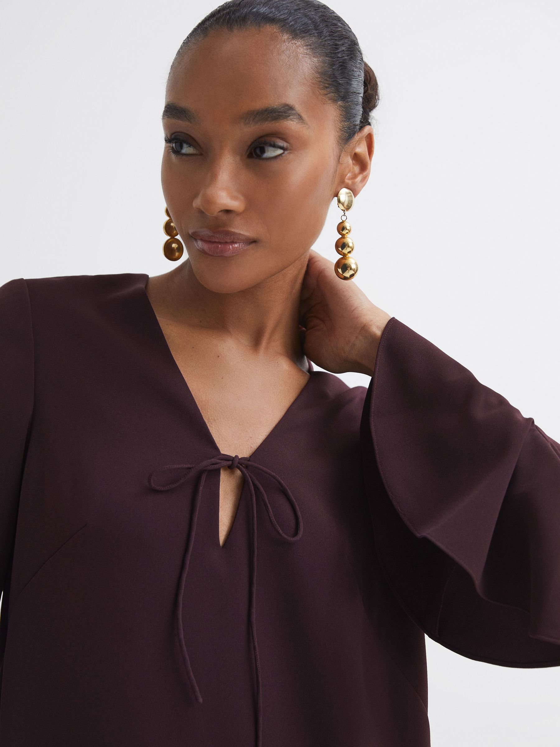 Florere V-Neck Mini Dress in Burgundy - Image 4 of 6