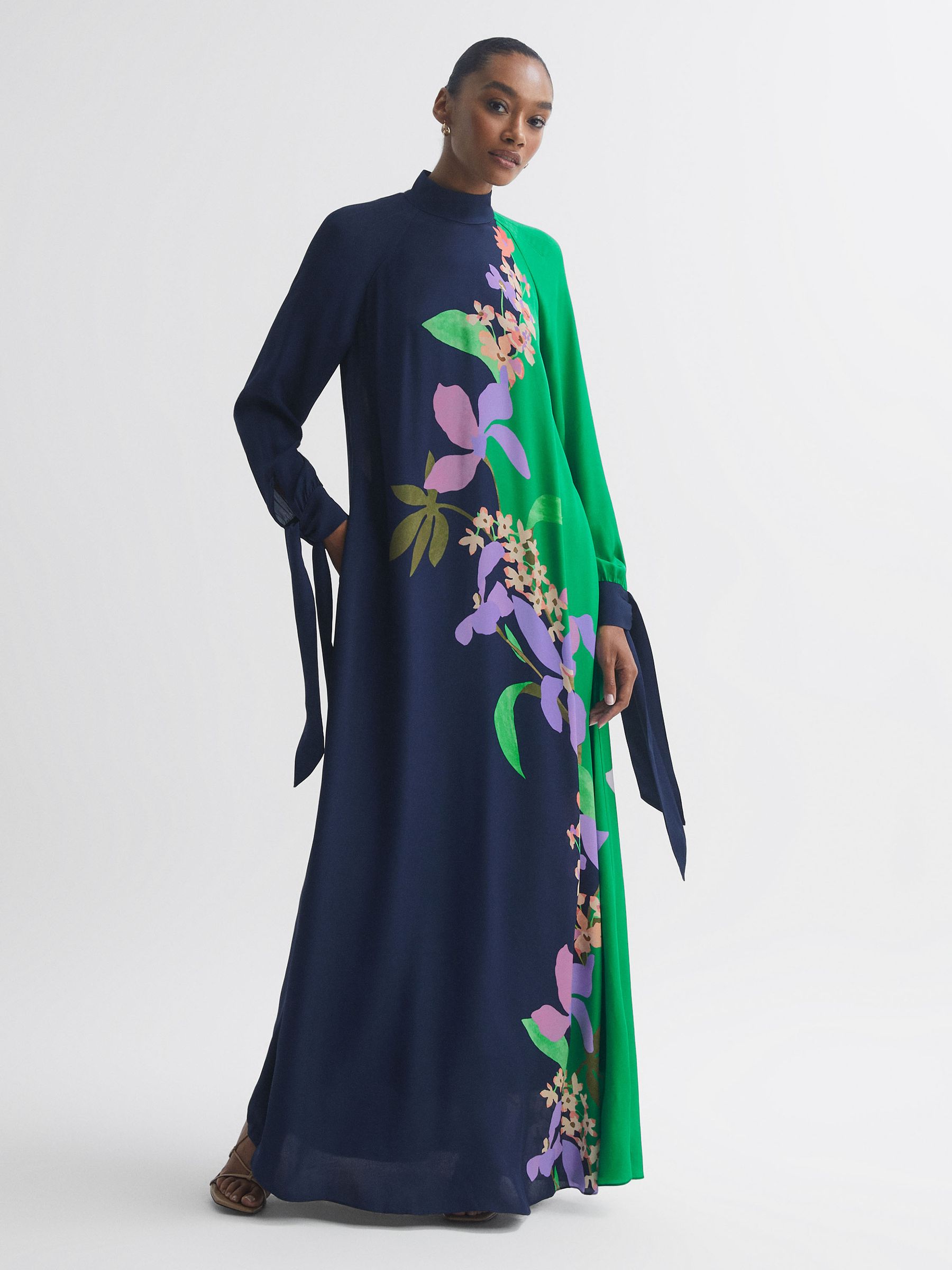 Florere Floral Tie Cuff Maxi Dress in Navy/Green - Image 1 of 6