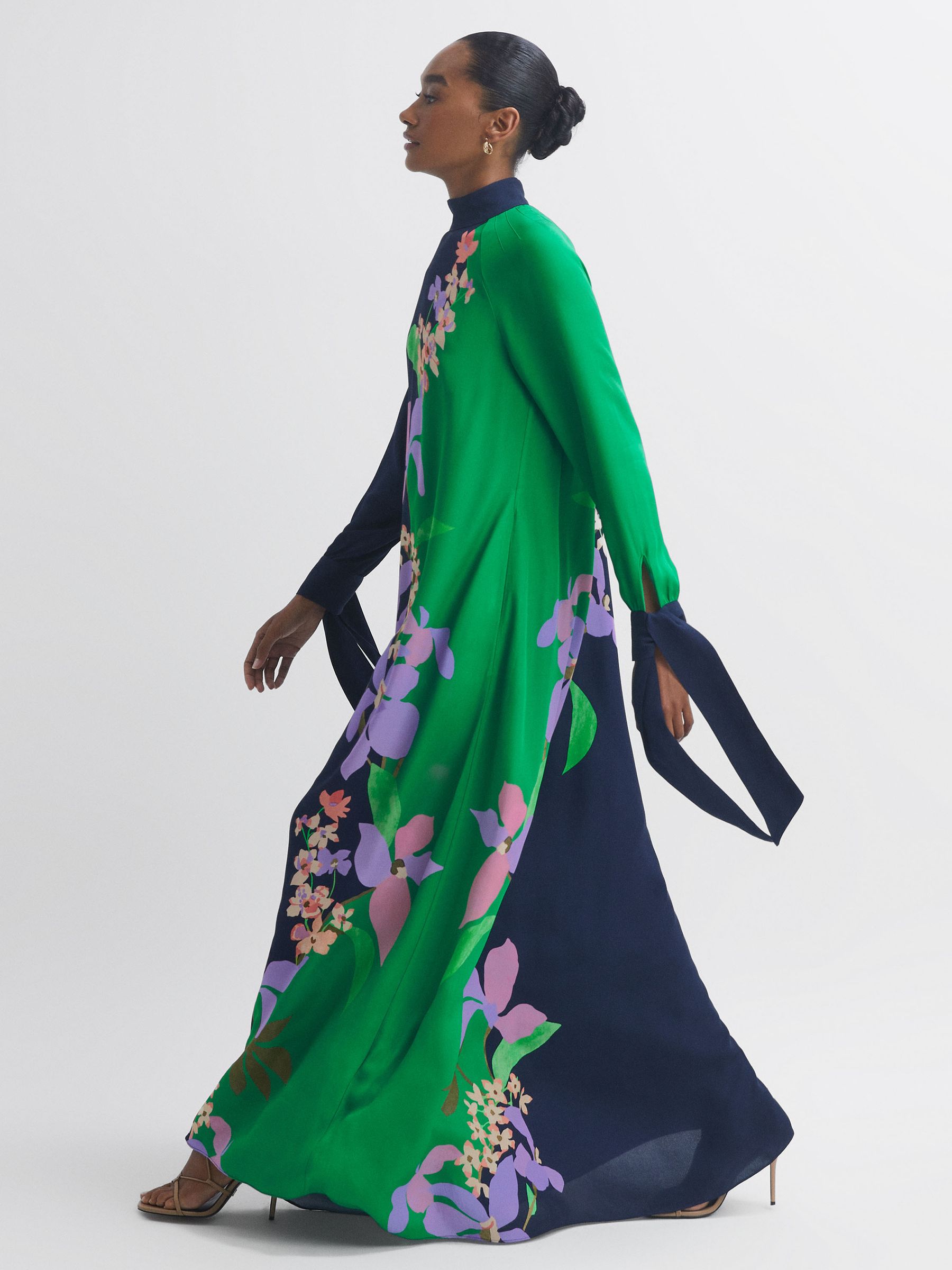 Florere Floral Tie Cuff Maxi Dress in Navy/Green - Image 4 of 6