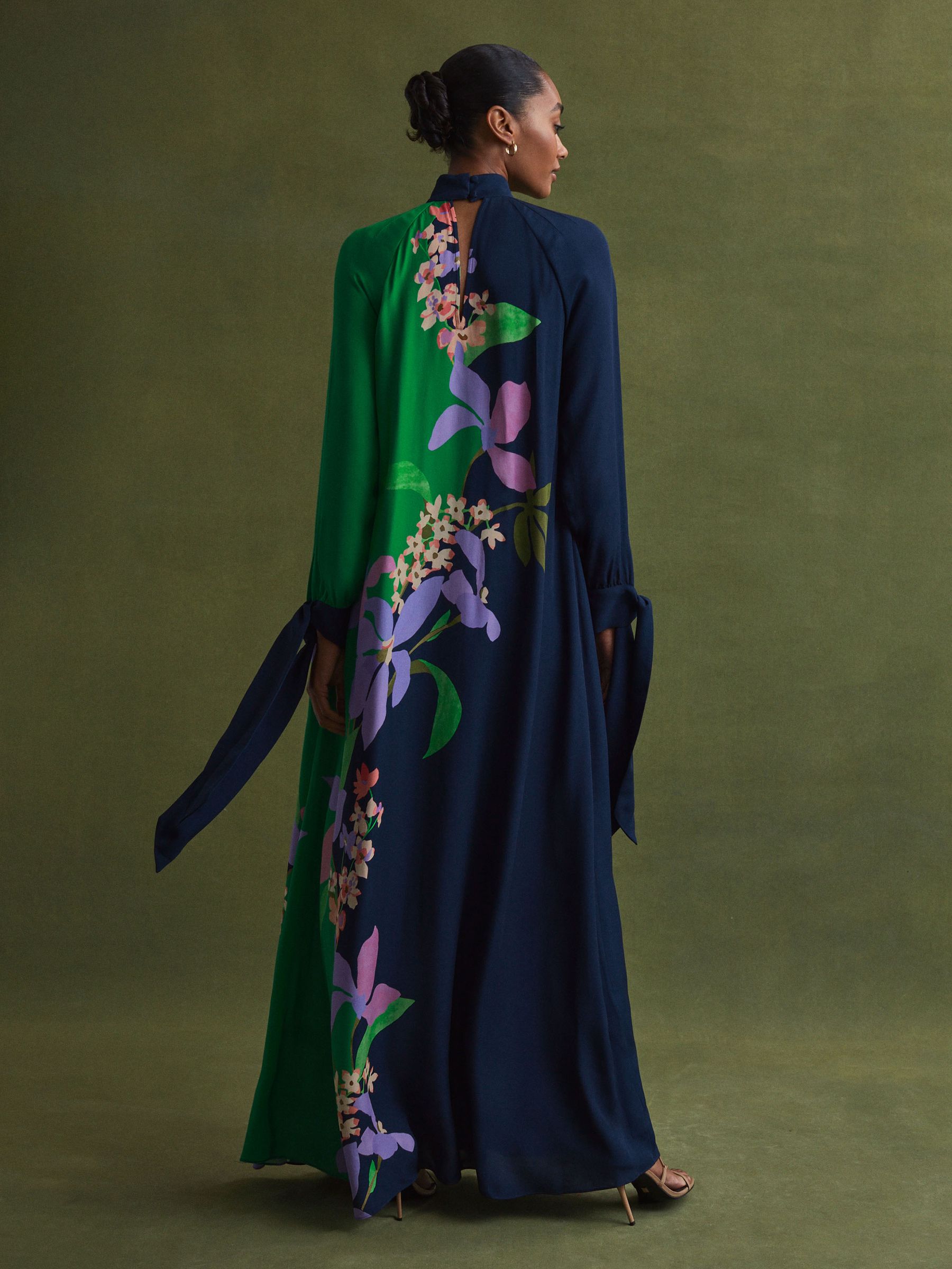 Florere Floral Tie Cuff Maxi Dress in Navy/Green - Image 5 of 6