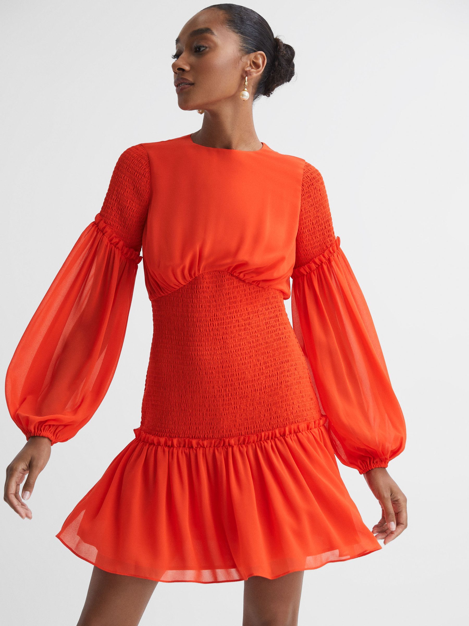Florere Round Neck Shirred Mini Dress in Bright Orange - Image 1 of 6