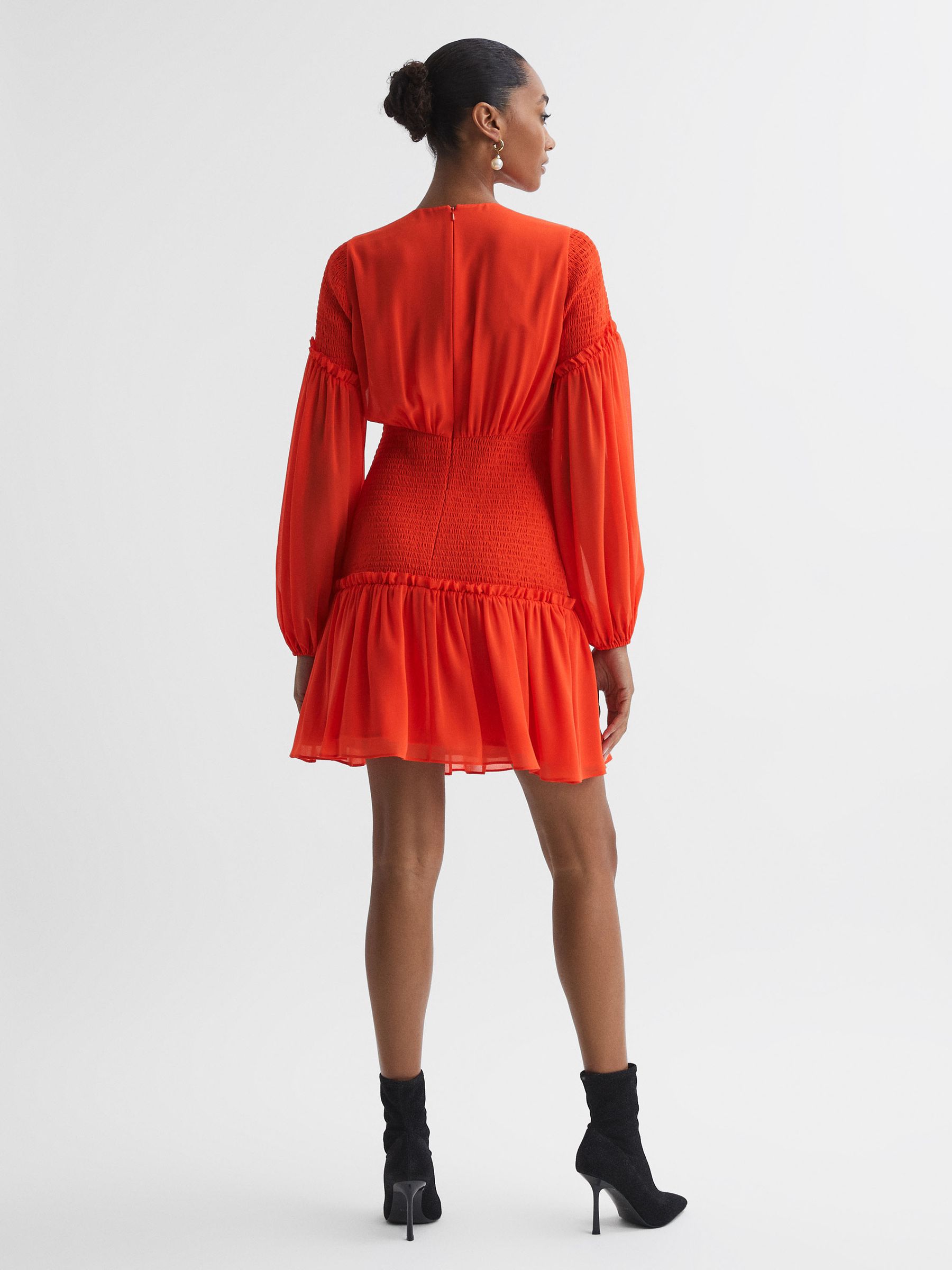 Florere Round Neck Shirred Mini Dress in Bright Orange - Image 2 of 6