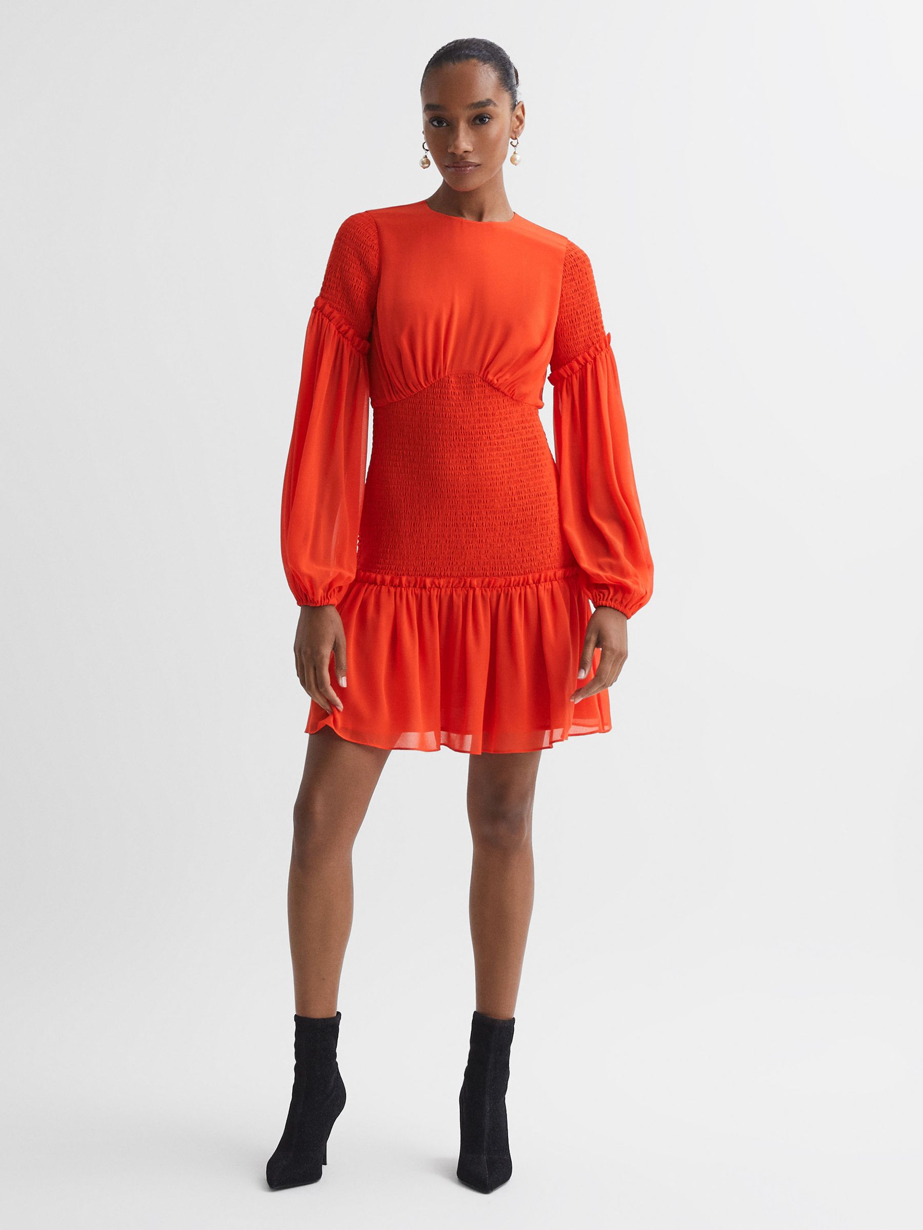 Florere Round Neck Shirred Mini Dress in Bright Orange - Image 3 of 6
