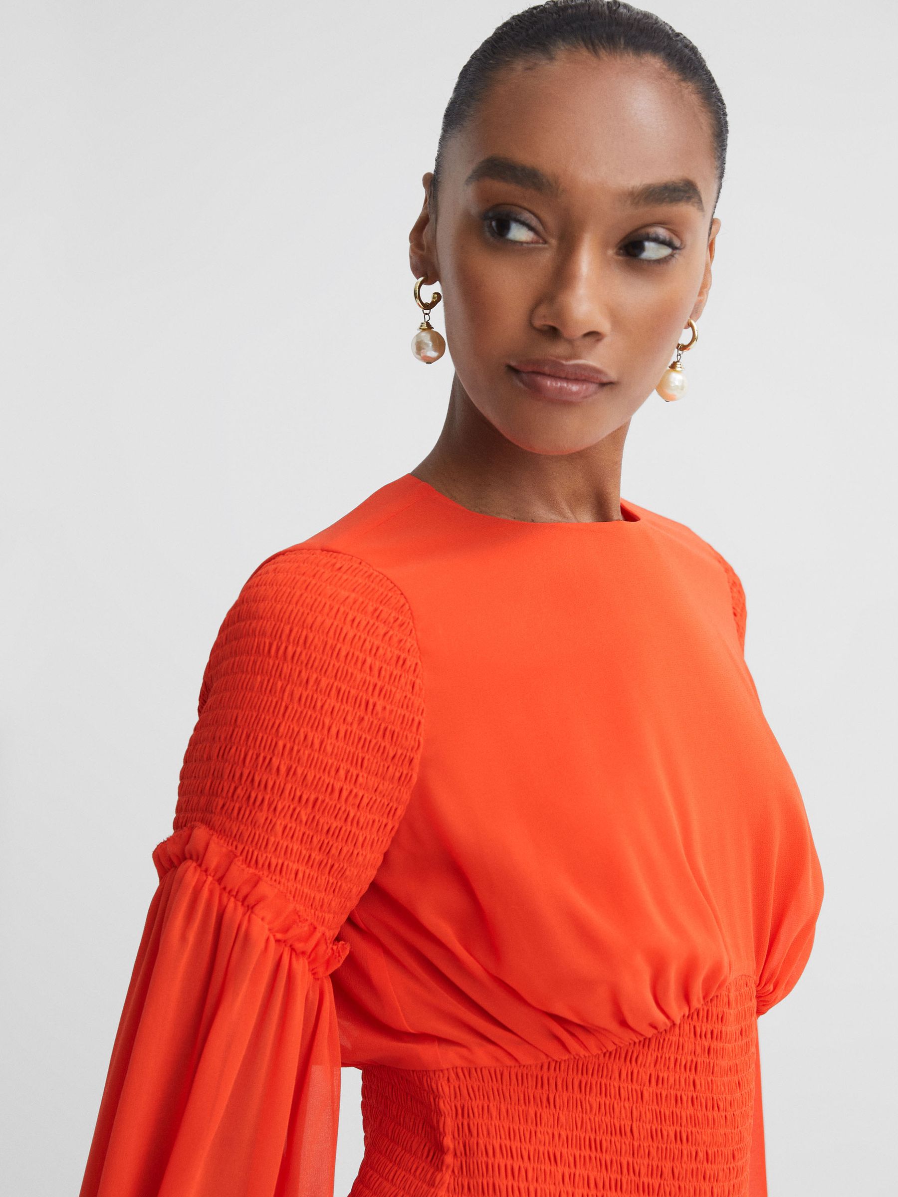 Florere Round Neck Shirred Mini Dress in Bright Orange - Image 4 of 6