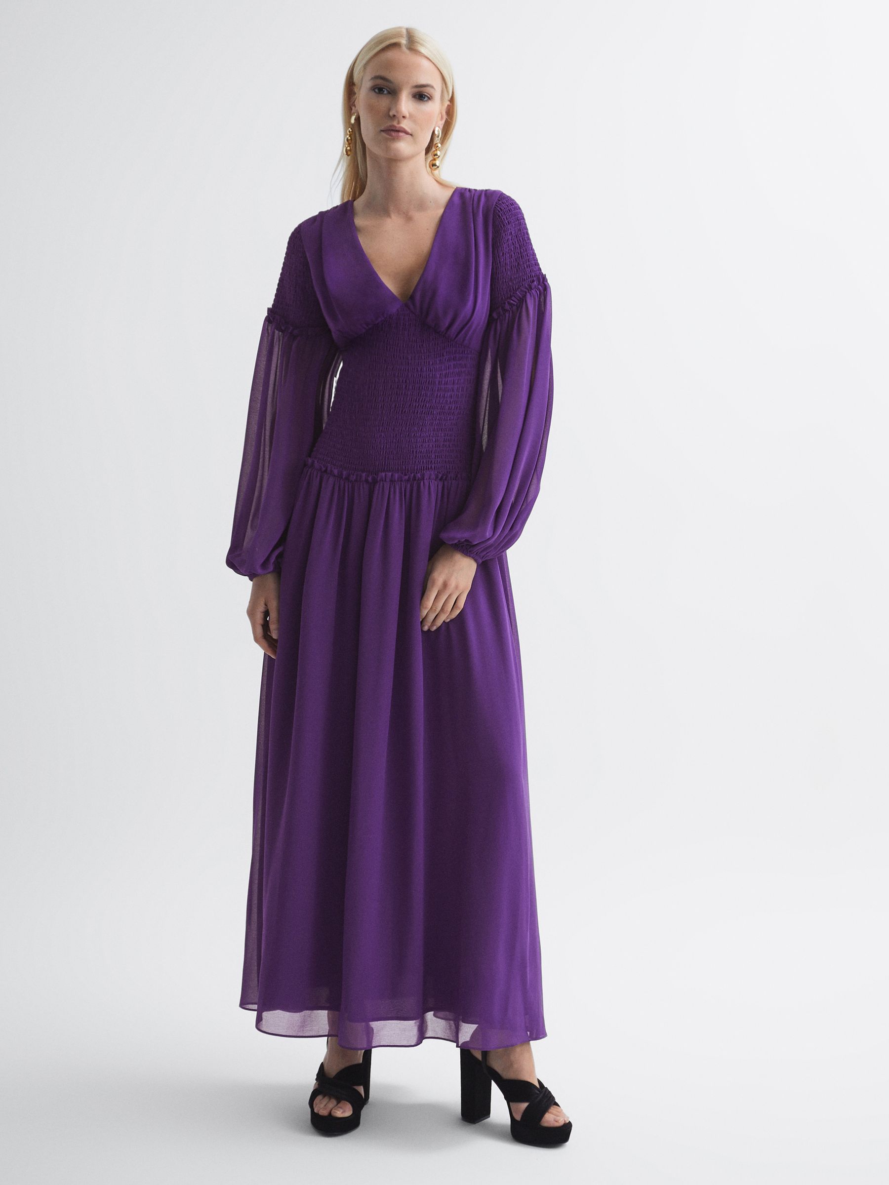 Florere Plunge Neck Shirred Maxi Dress in Dark Purple - Image 3 of 5