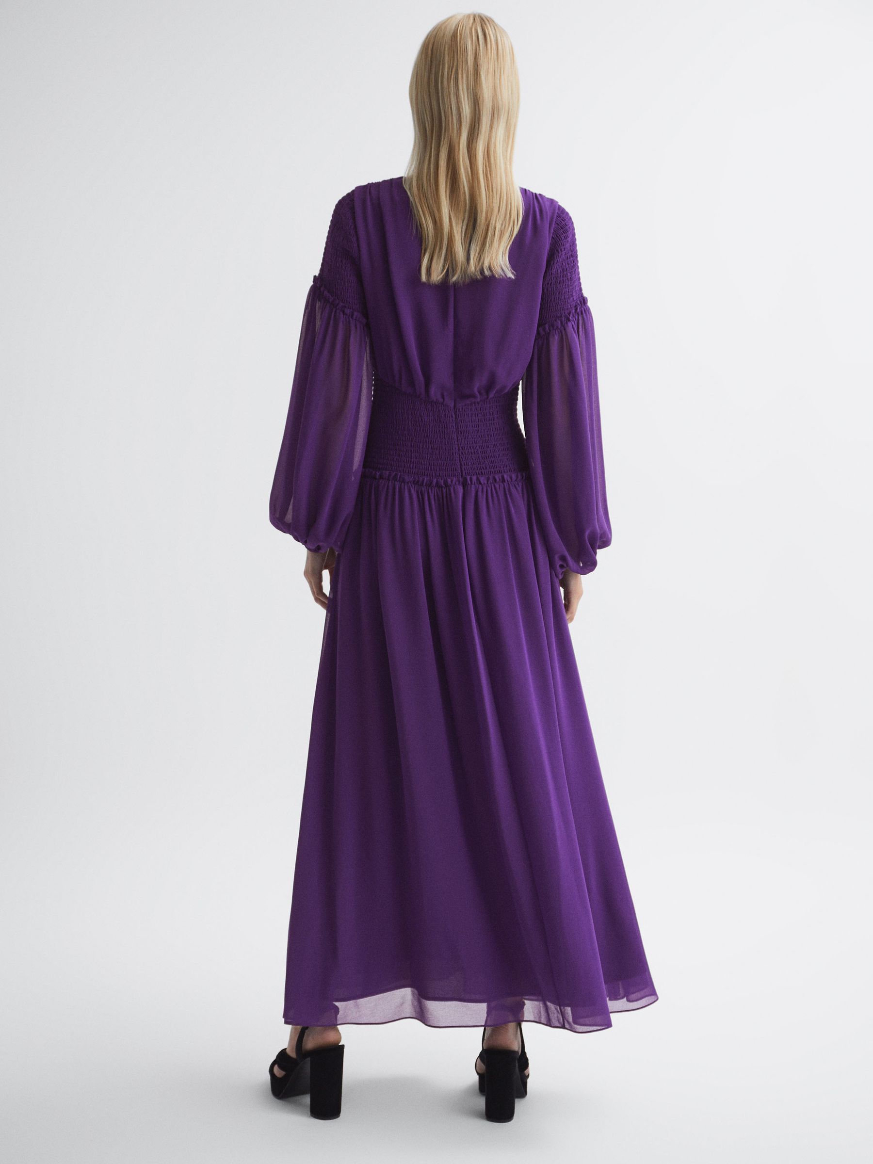 Reiss Florere Plunge Neck Shirred Maxi Dress in Dark Purple | REISS