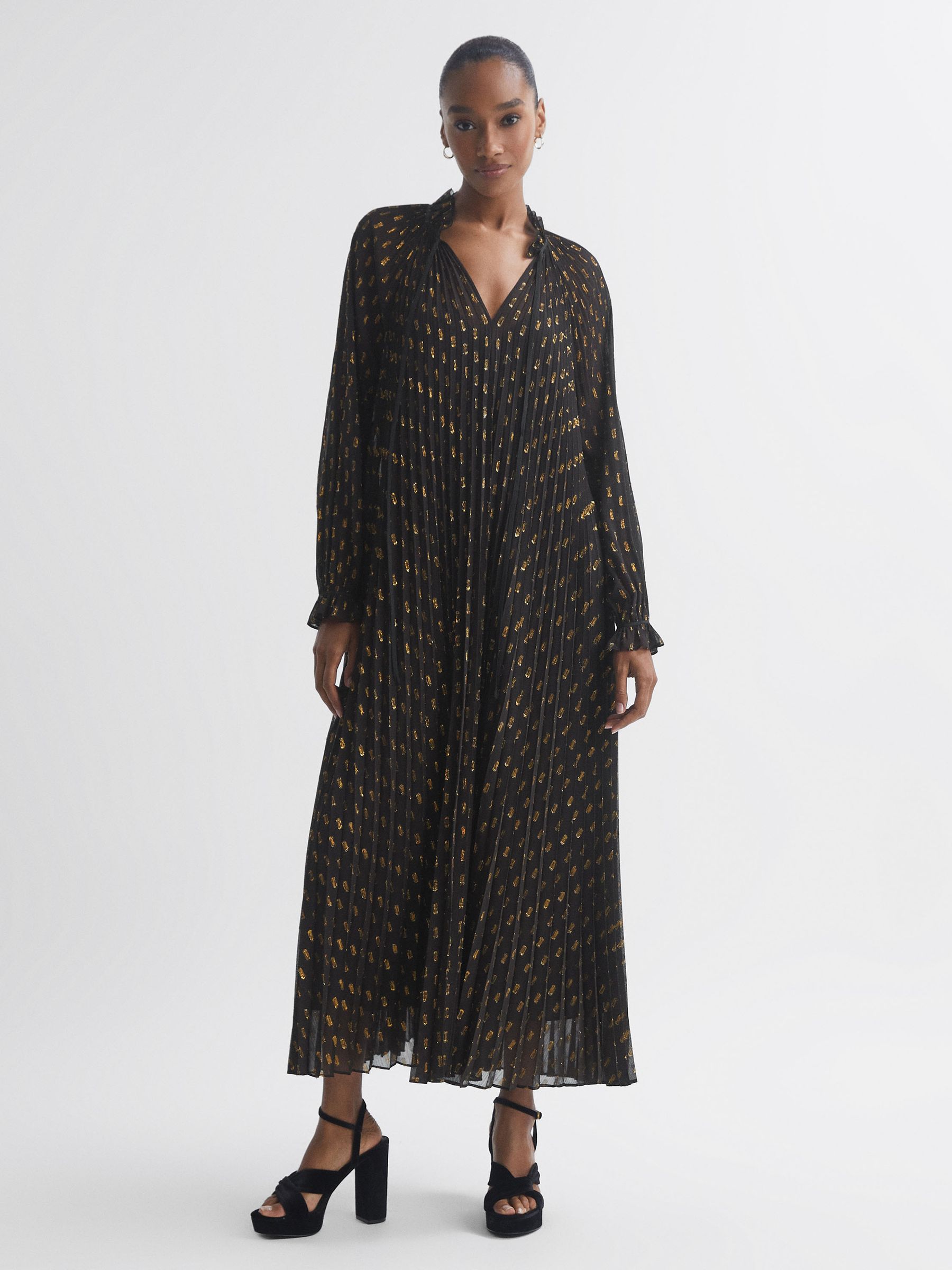 Florere Sheer Metallic Long Sleeve Brown Midi Dress in Brown - Image 1 of 6