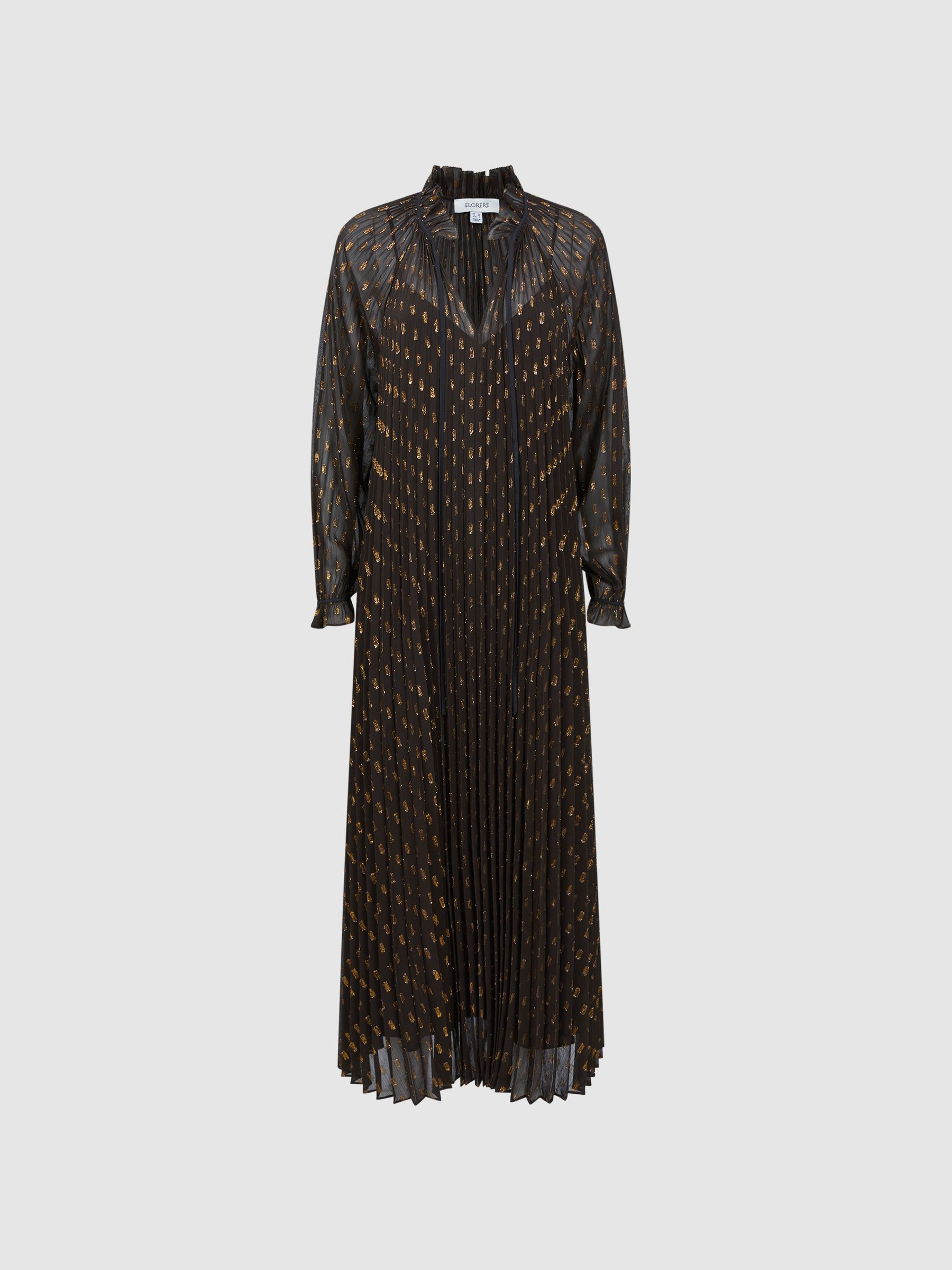 Florere Sheer Metallic Long Sleeve Brown Midi Dress in Brown - Image 2 of 6