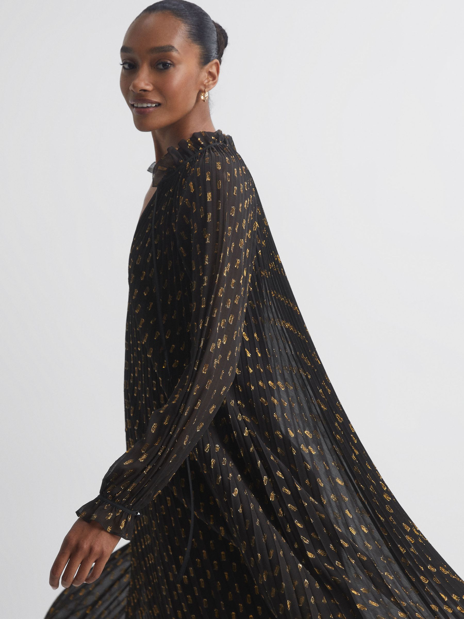 Florere Sheer Metallic Long Sleeve Brown Midi Dress in Brown - Image 3 of 6
