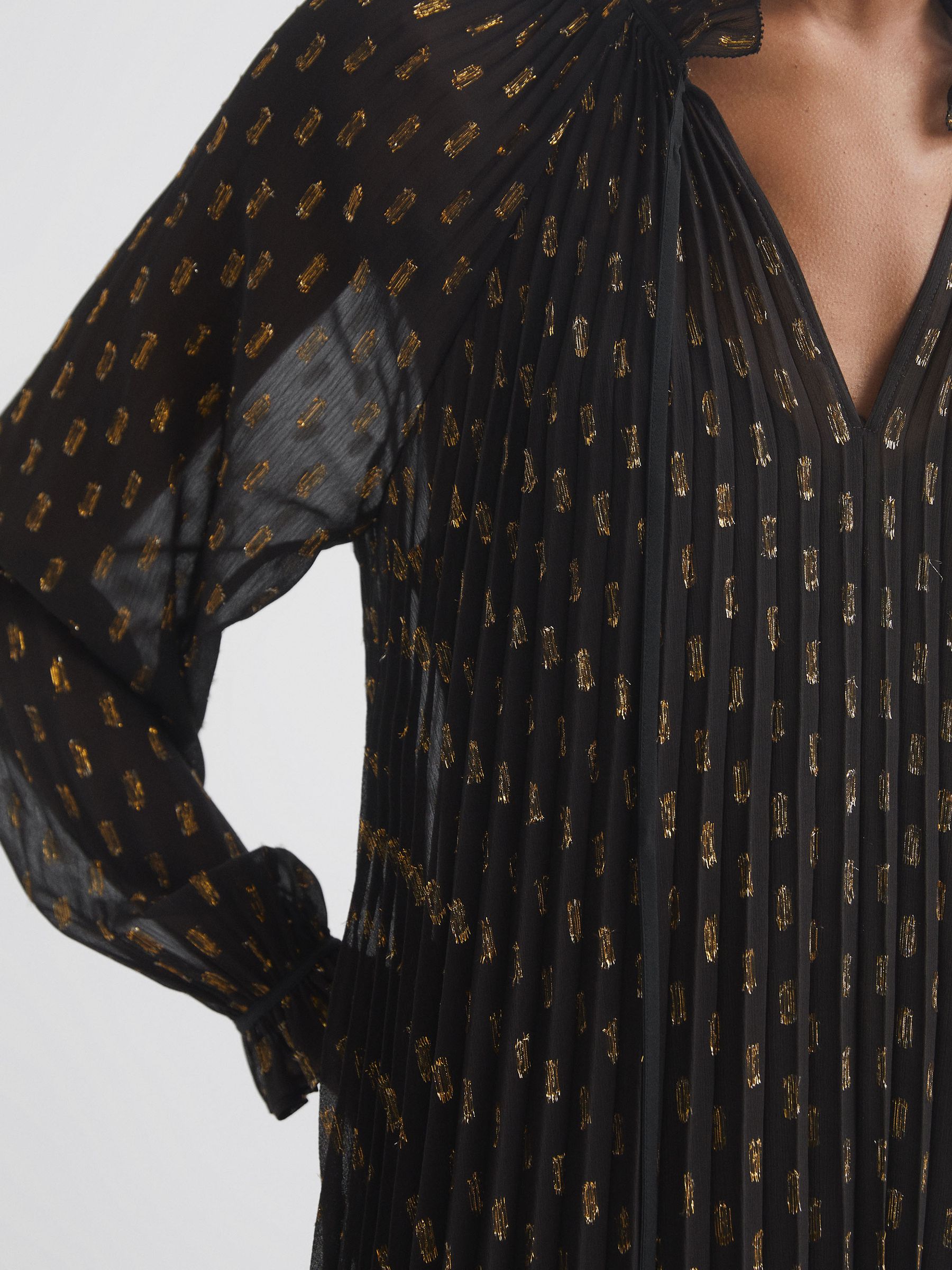Florere Sheer Metallic Long Sleeve Brown Midi Dress in Brown - Image 4 of 6