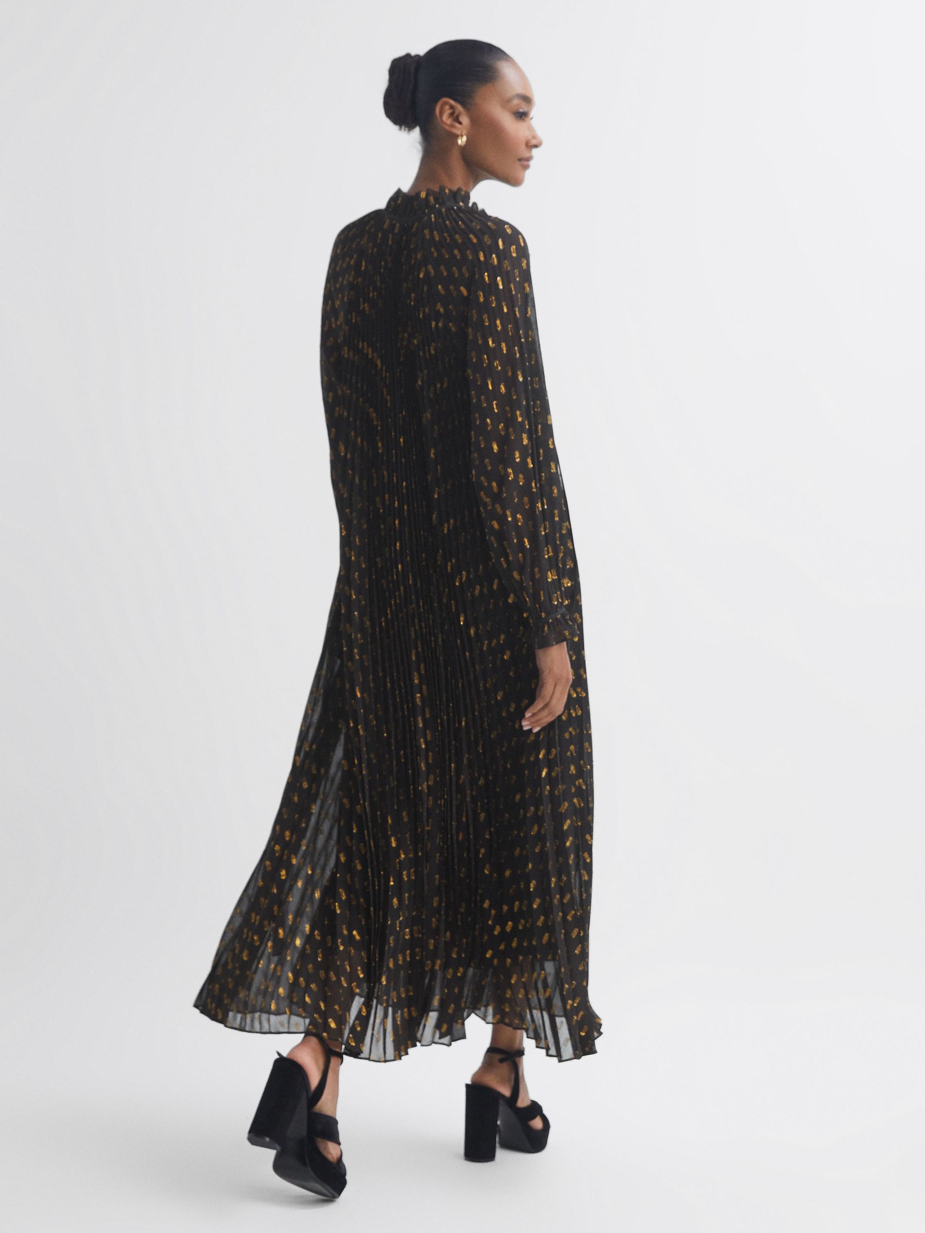 Florere Sheer Metallic Long Sleeve Brown Midi Dress in Brown - Image 5 of 6