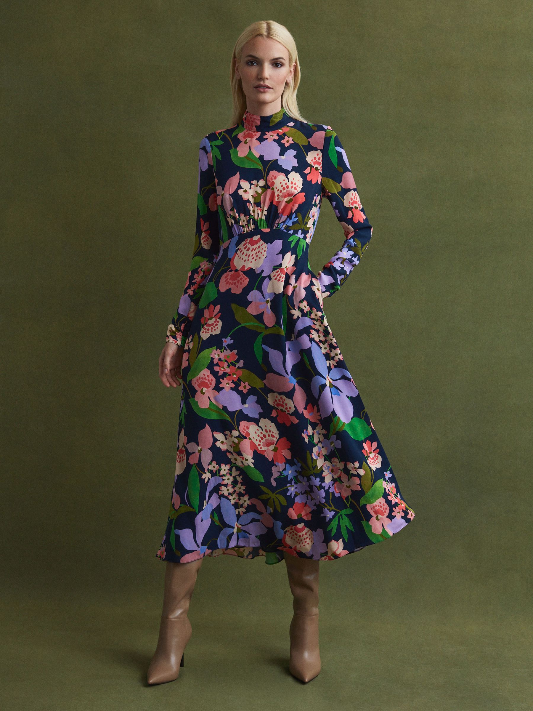 Reiss Florere Floral Long Sleeve Midi Dress in Navy | REISS