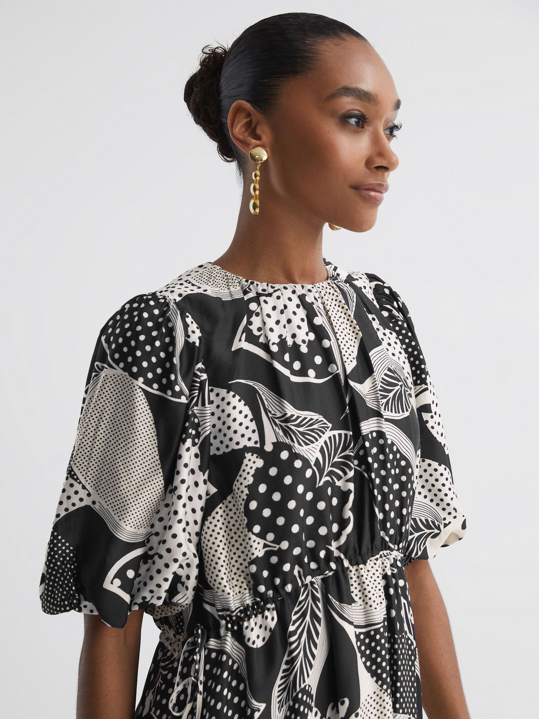 Florere Polka Dot Puff Sleeve Mini Dress in Black - Image 3 of 5