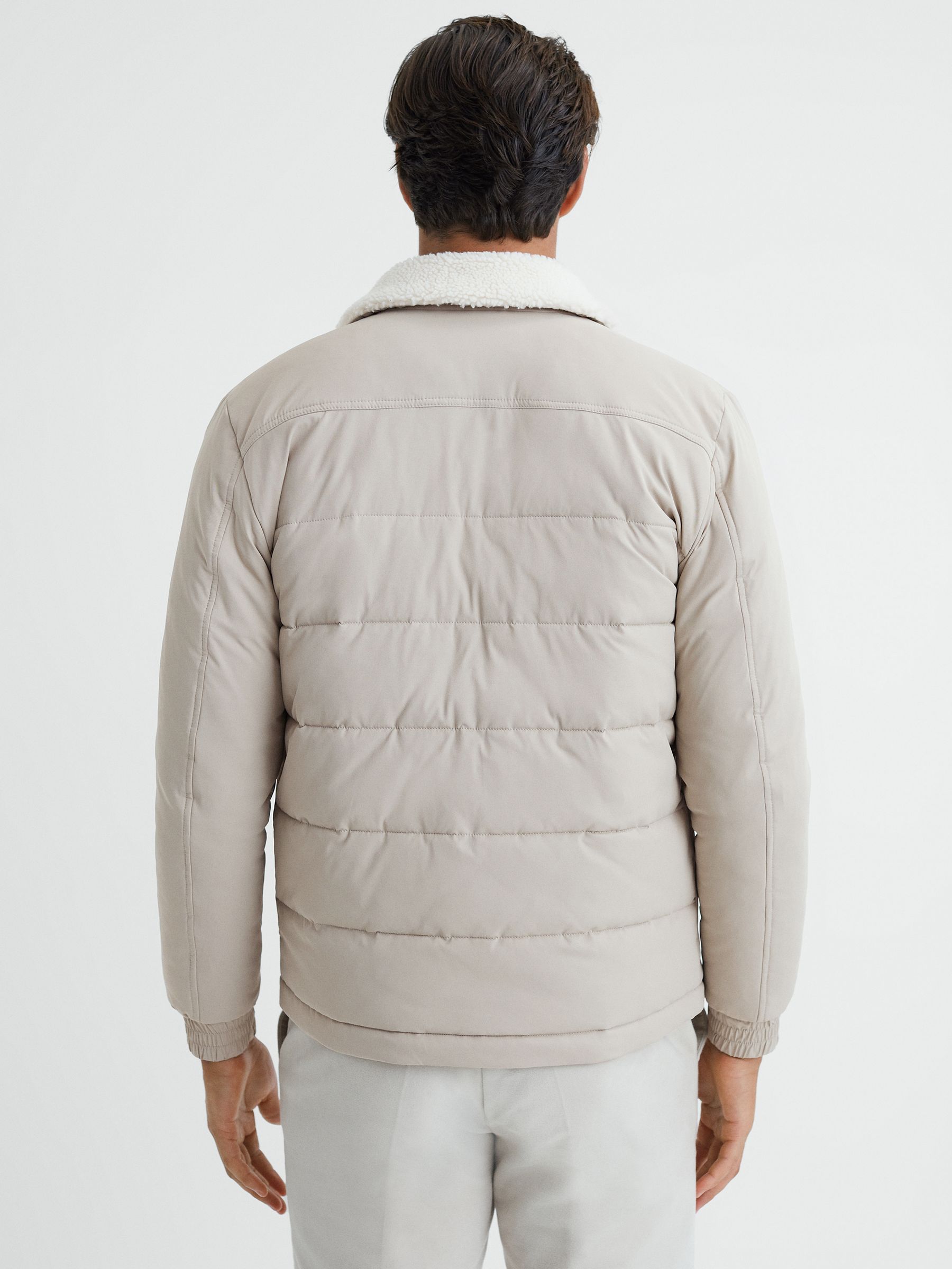 Quilted Faux Shearling Collar Coat in Stone - Image 5 of 6