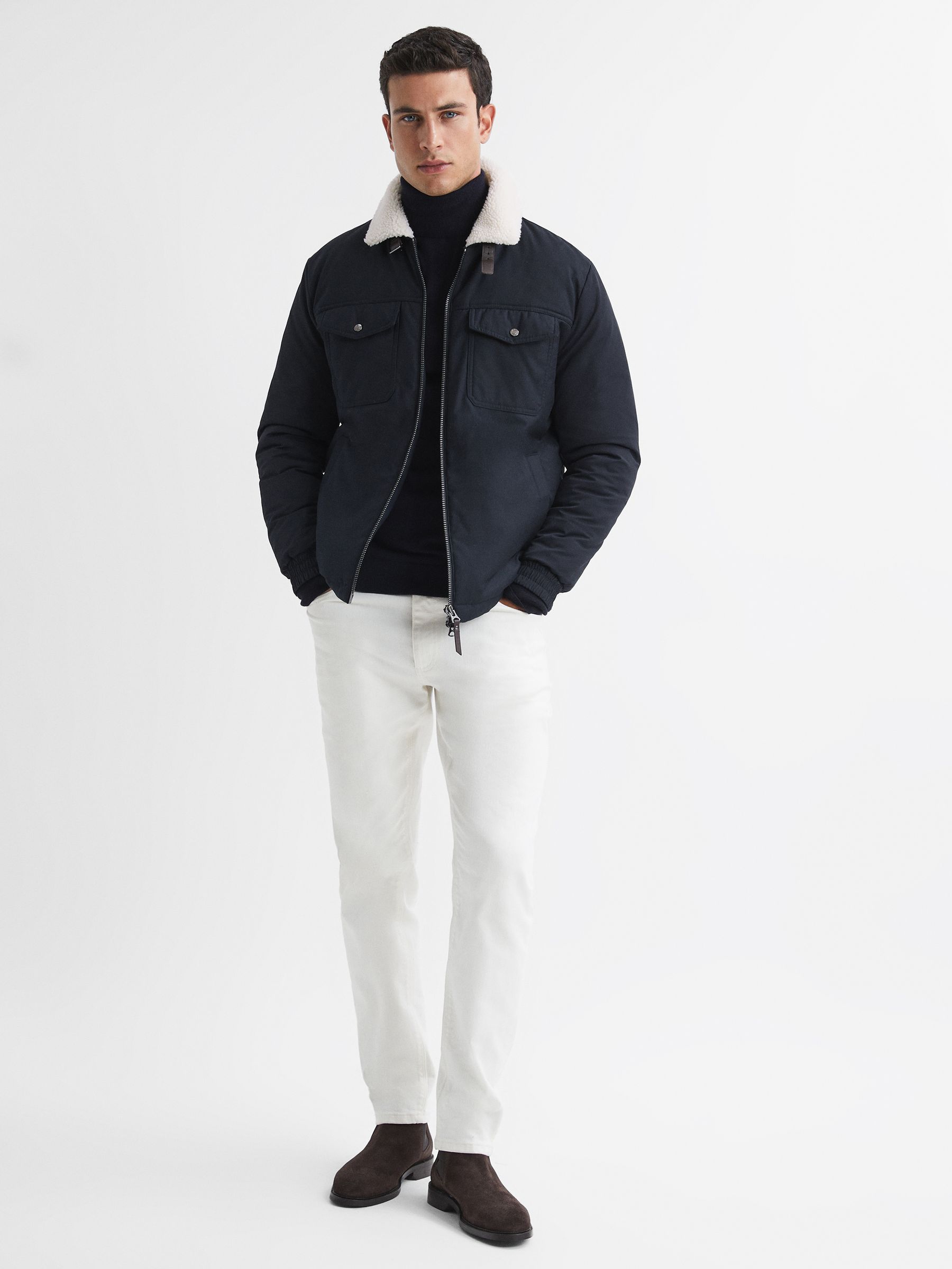 Quilted Faux Shearling Collar Coat in Navy - Image 1 of 4
