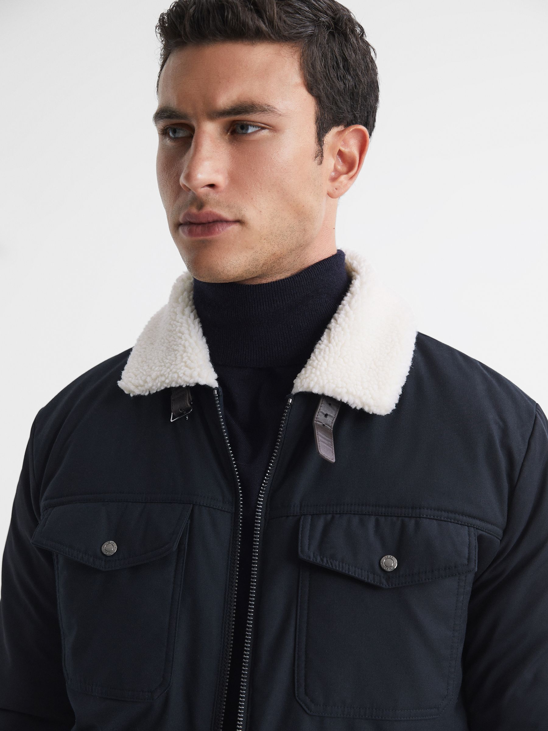 Quilted Faux Shearling Collar Coat in Navy - Image 3 of 4