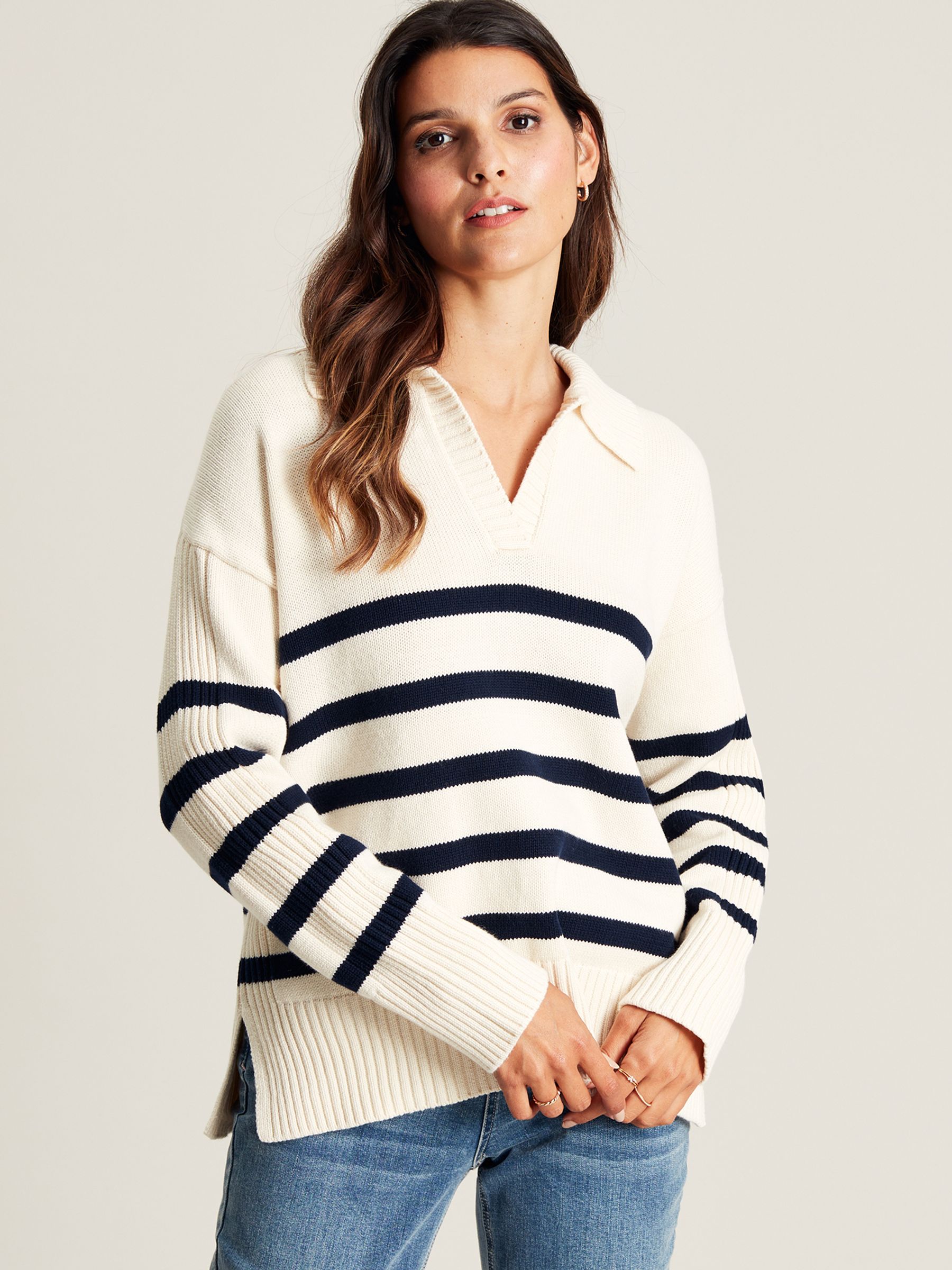 Emelia Cream Navy Blue Striped Collared Jumper - Image 1 of 7
