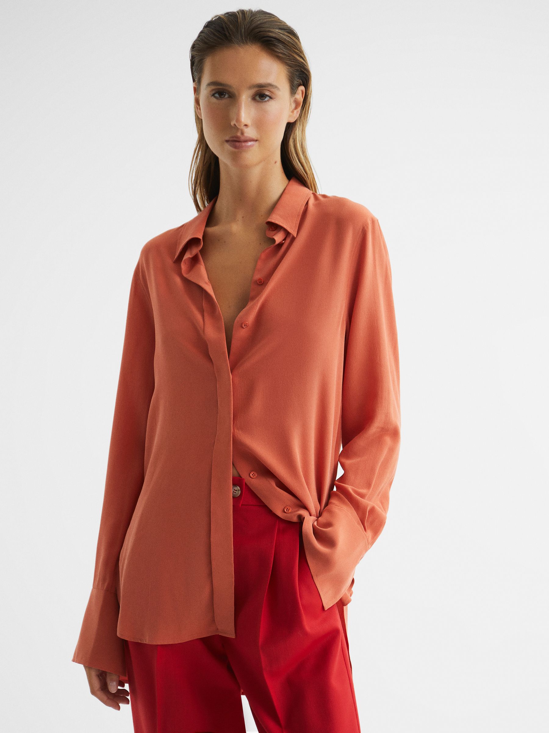 Matte Silk Tunic Shirt in Orange - Image 1 of 7