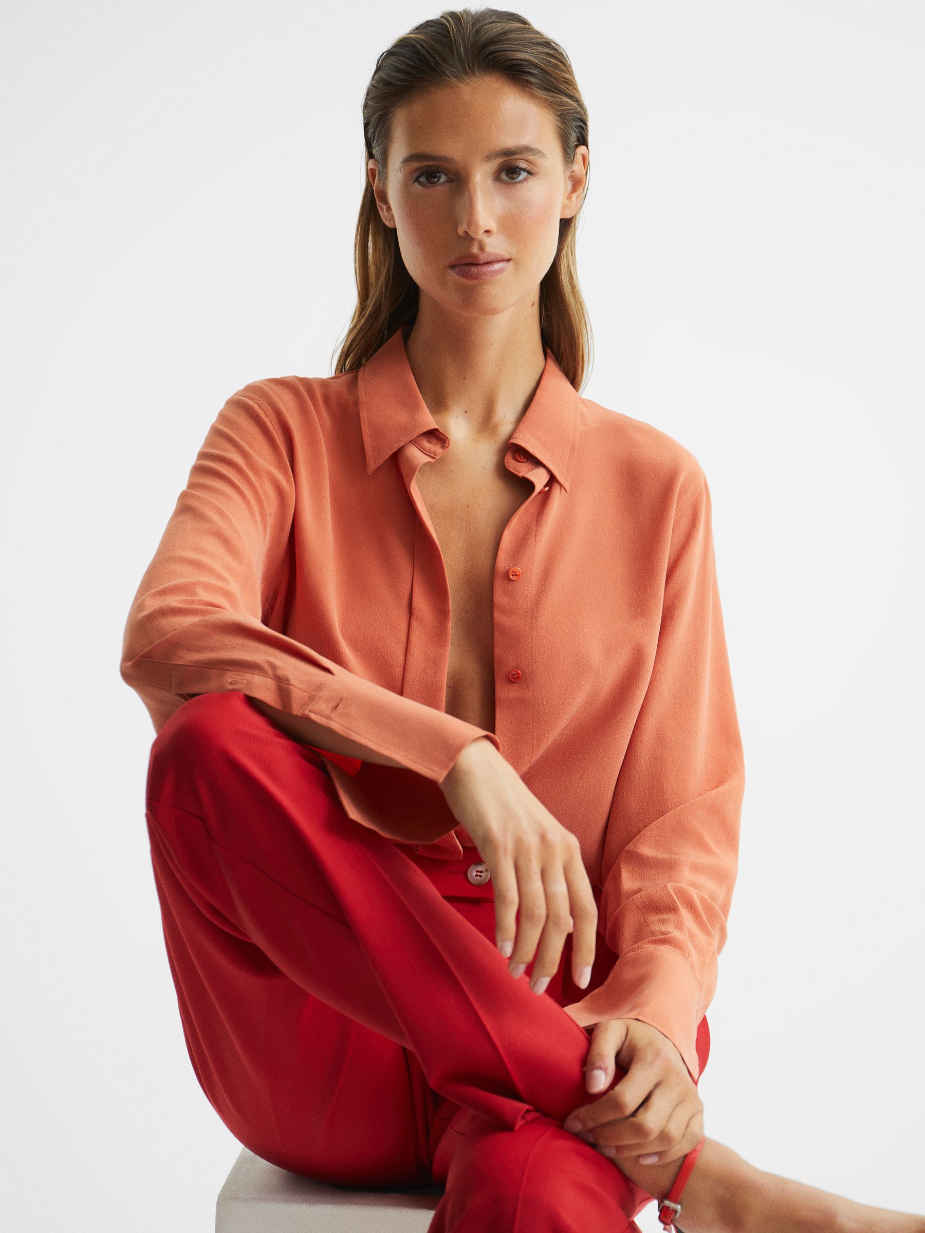 Matte Silk Tunic Shirt in Orange - Image 6 of 7