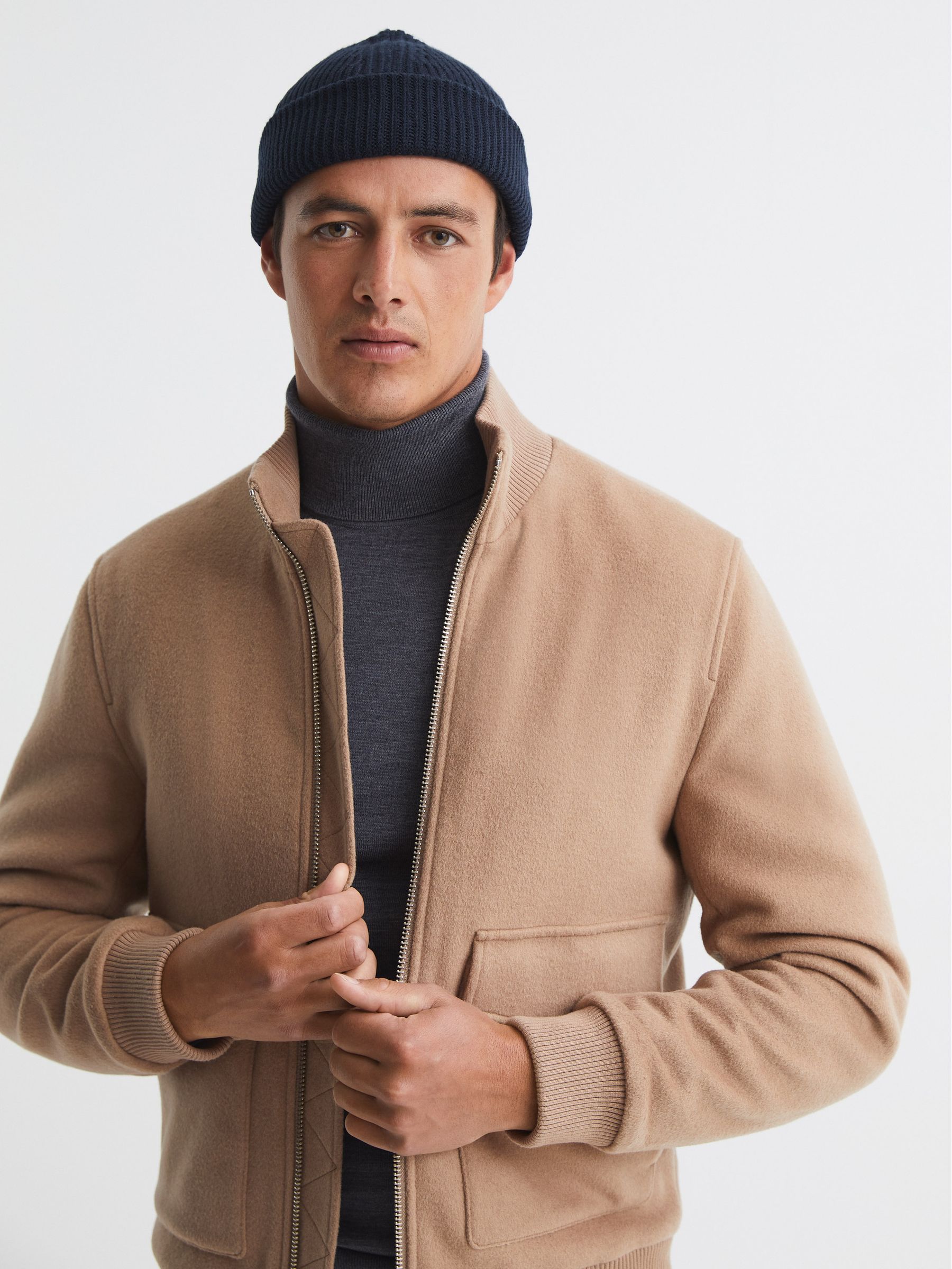 Wool Blend Beanie Hat in Navy - Image 2 of 4