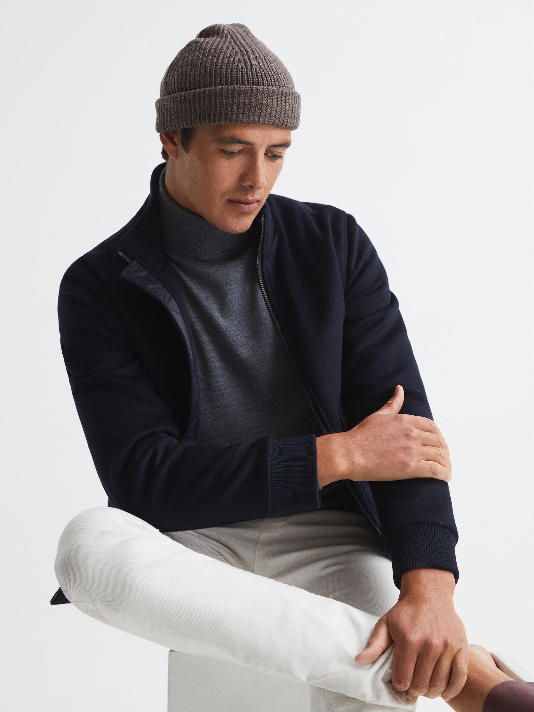 Wool Blend Beanie Hat in Taupe - Image 3 of 4