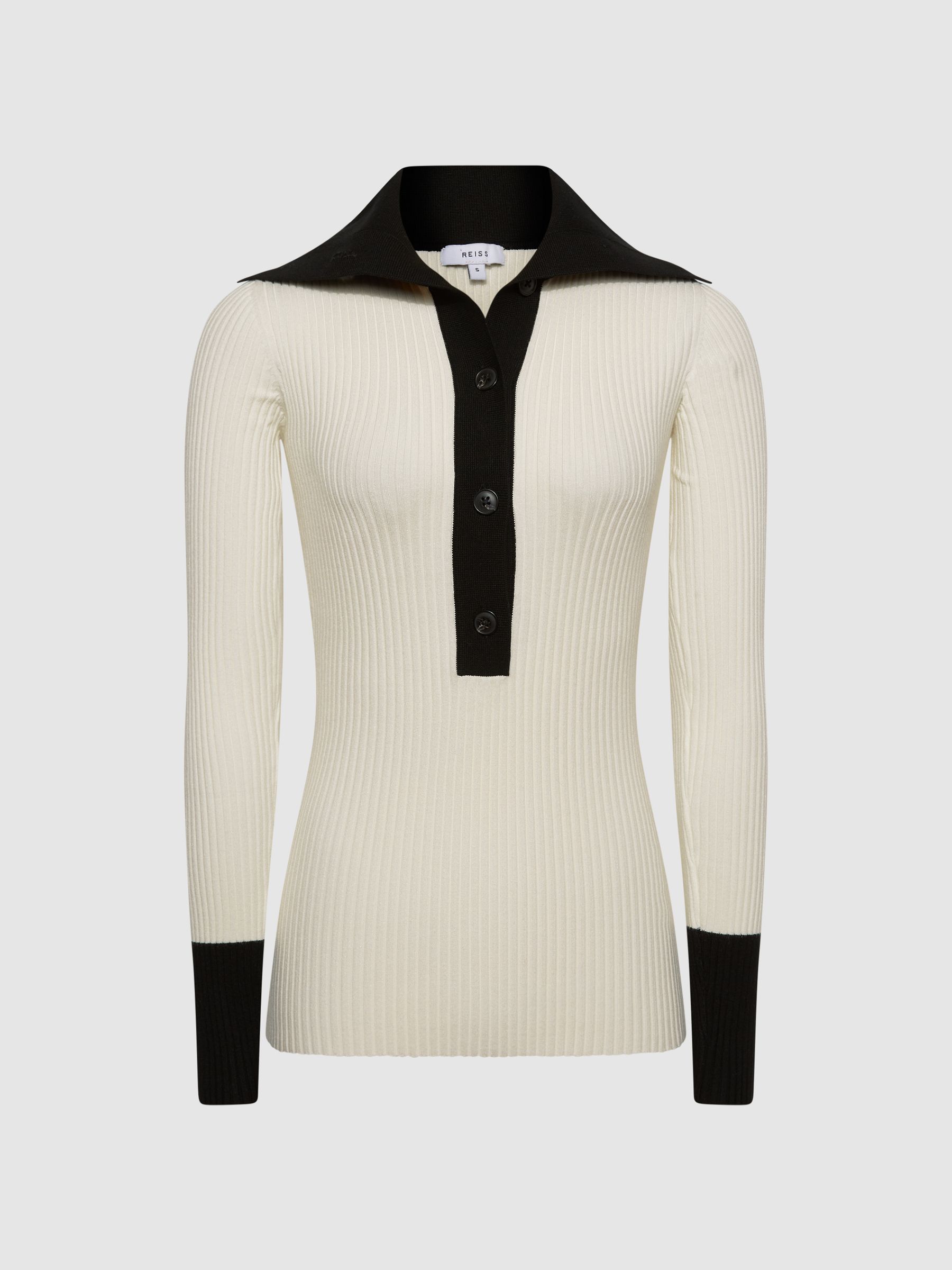 Button Collar Jumper Top in Cream/Black - Image 2 of 6 Button Collar Jumper Top in Cream/Black - Image 2 of 6