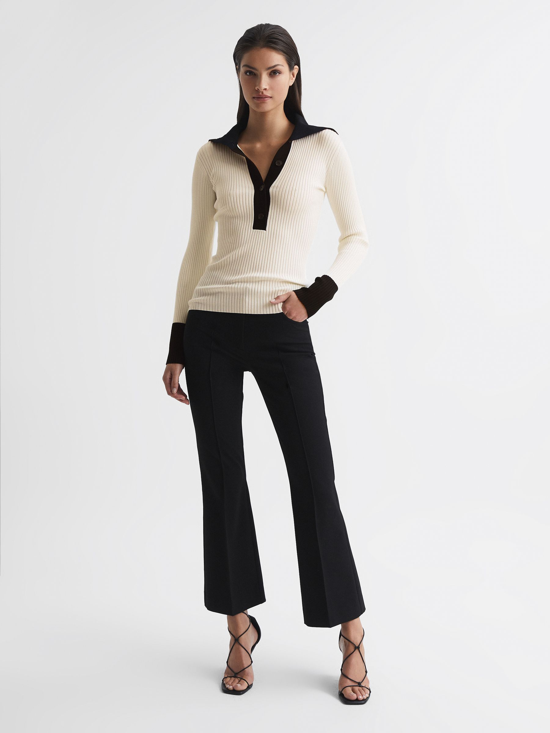 Button Collar Jumper Top in Cream/Black - Image 3 of 6
