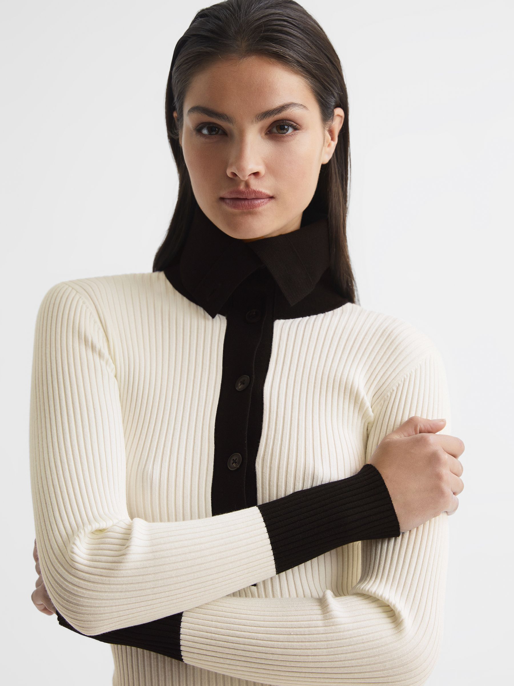 Button Collar Jumper Top in Cream/Black - Image 6 of 6