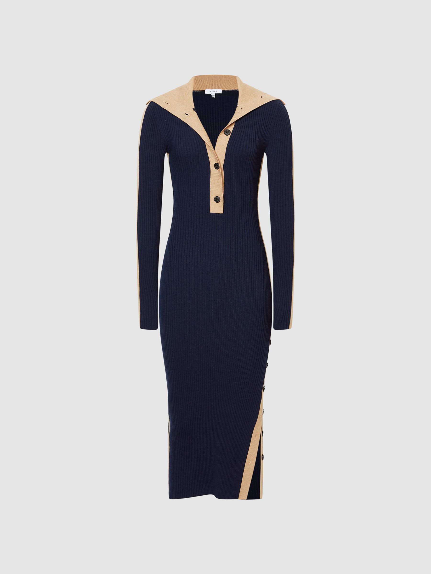 Reiss Bodycon Knitted Dress in Navy/Camel | REISS