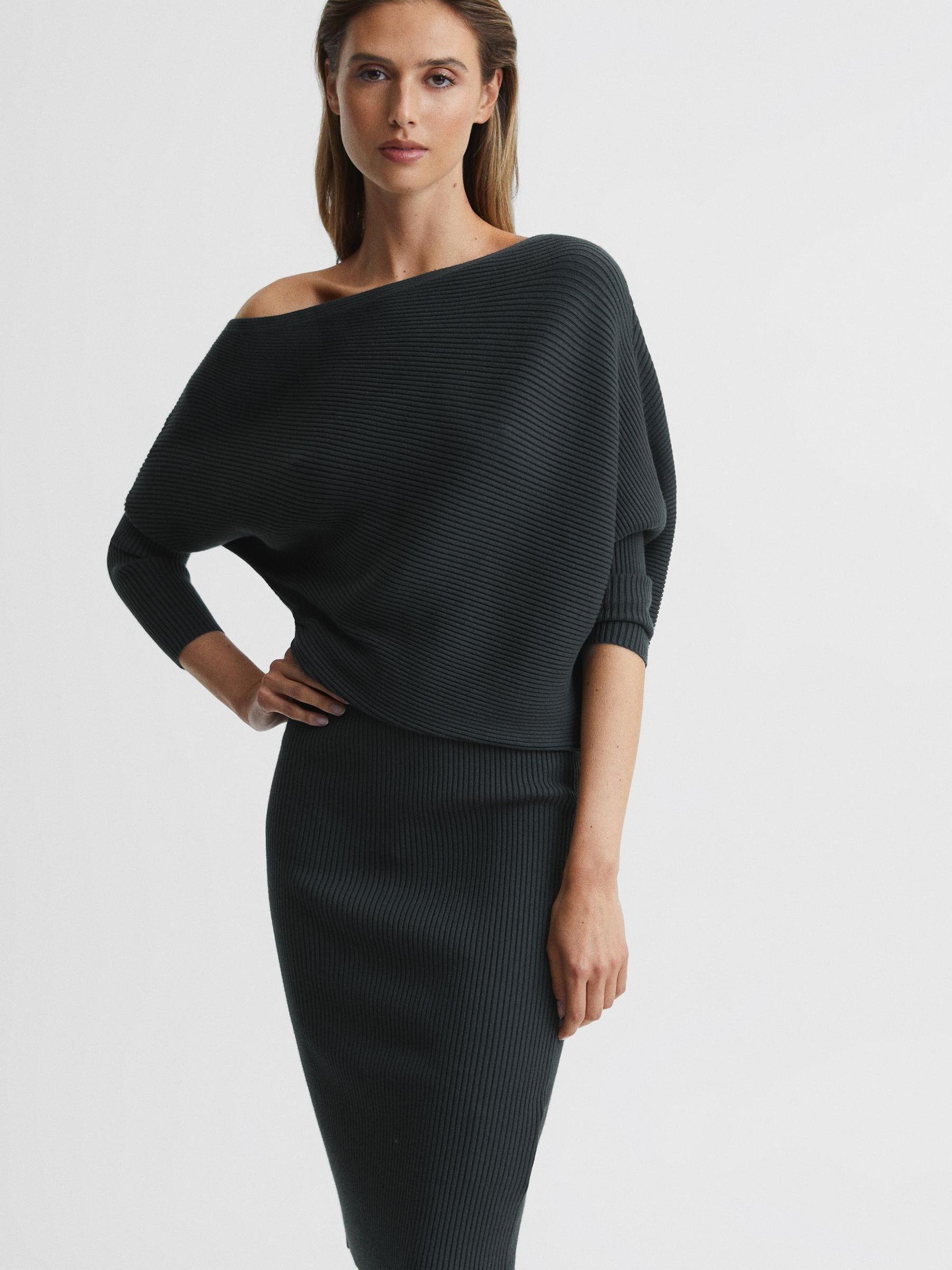 Reiss Off-Shoulder Ribbed Dress in Teal | REISS