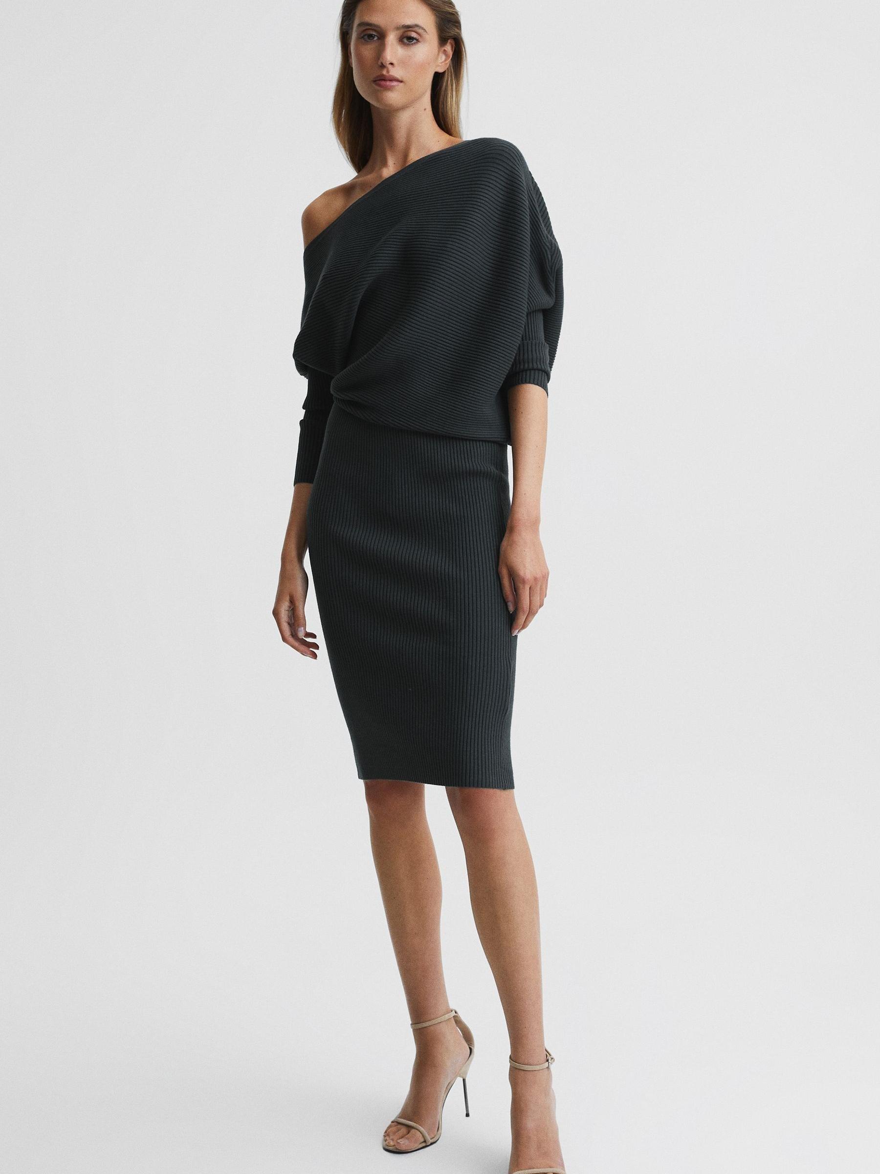Reiss Off-Shoulder Ribbed Dress in Teal | REISS
