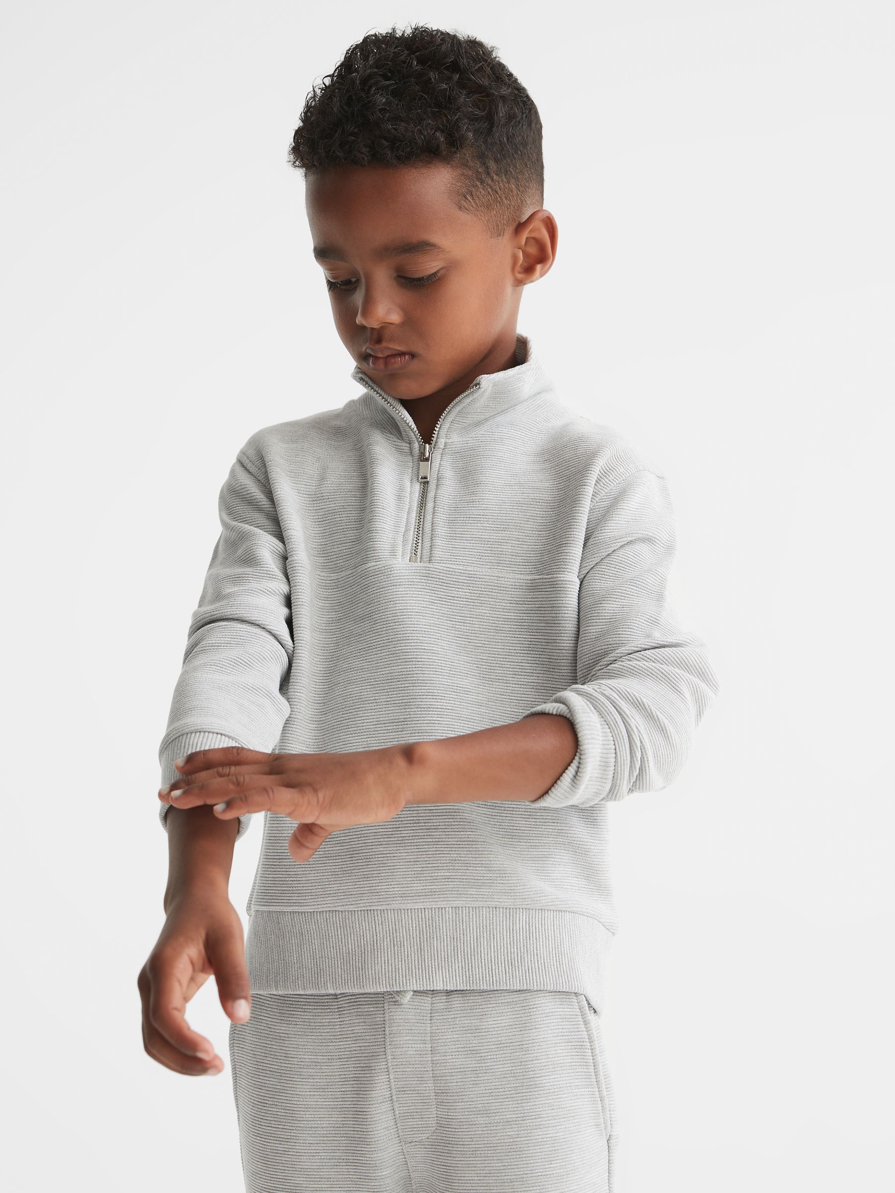 Junior Ribbed Half Zip Funnel Neck Jersey in Grey - Image 1 of 8