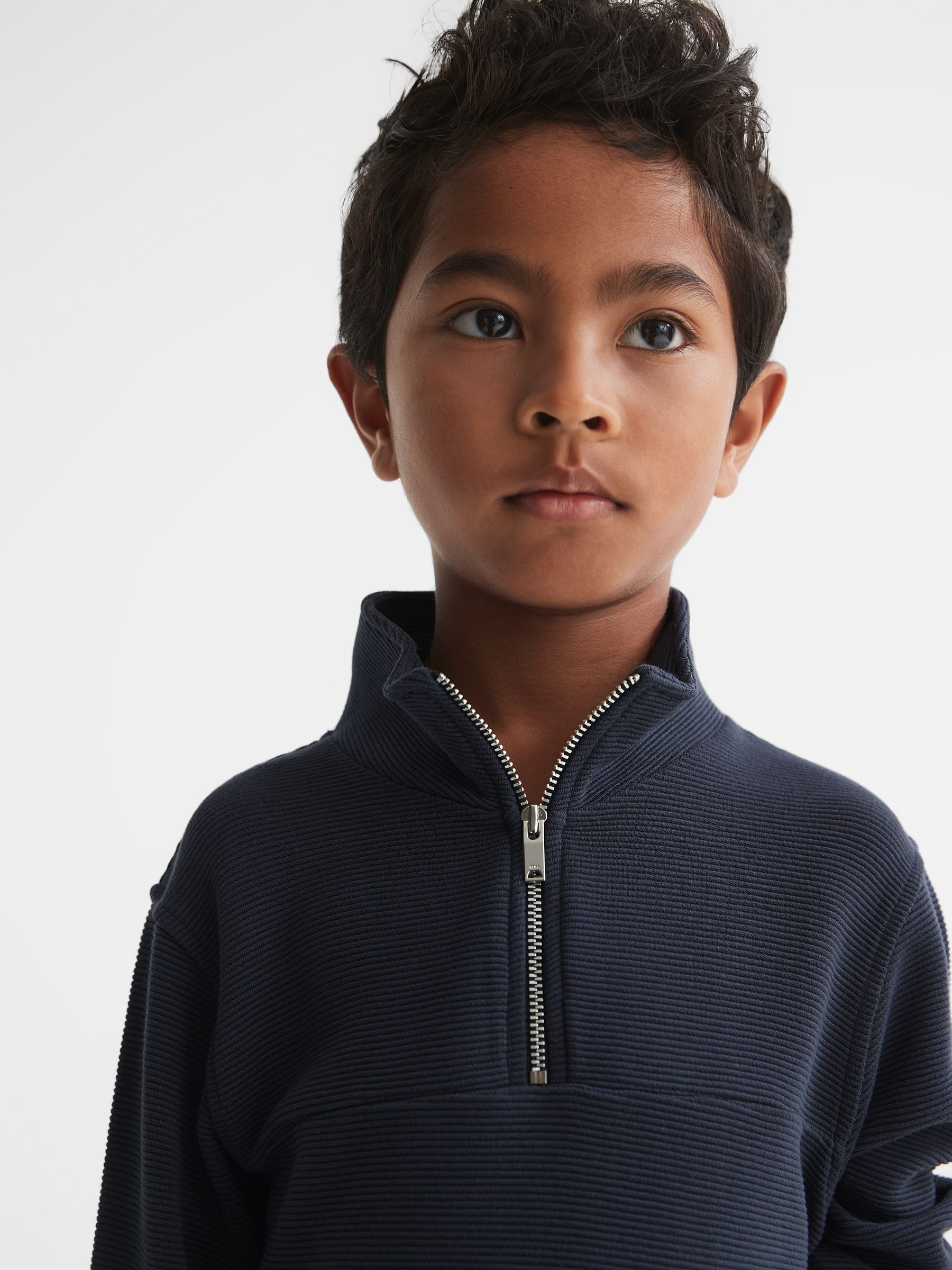 Junior Ribbed Half Zip Funnel Neck Jersey in Airforce Blue - Image 1 of 6