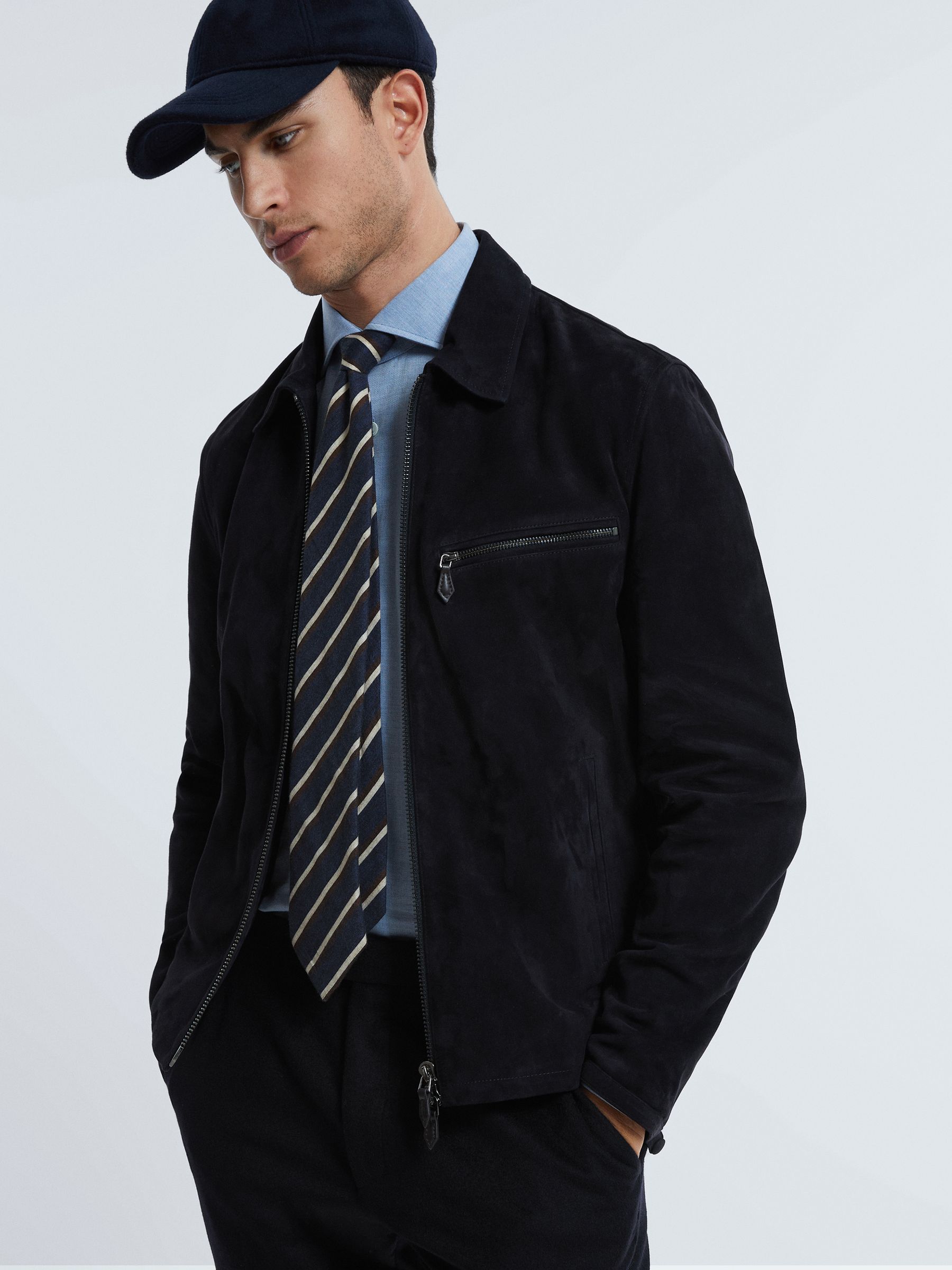 Atelier Metis Suede Zip-Through Jacket in Navy - Image 1 of 8