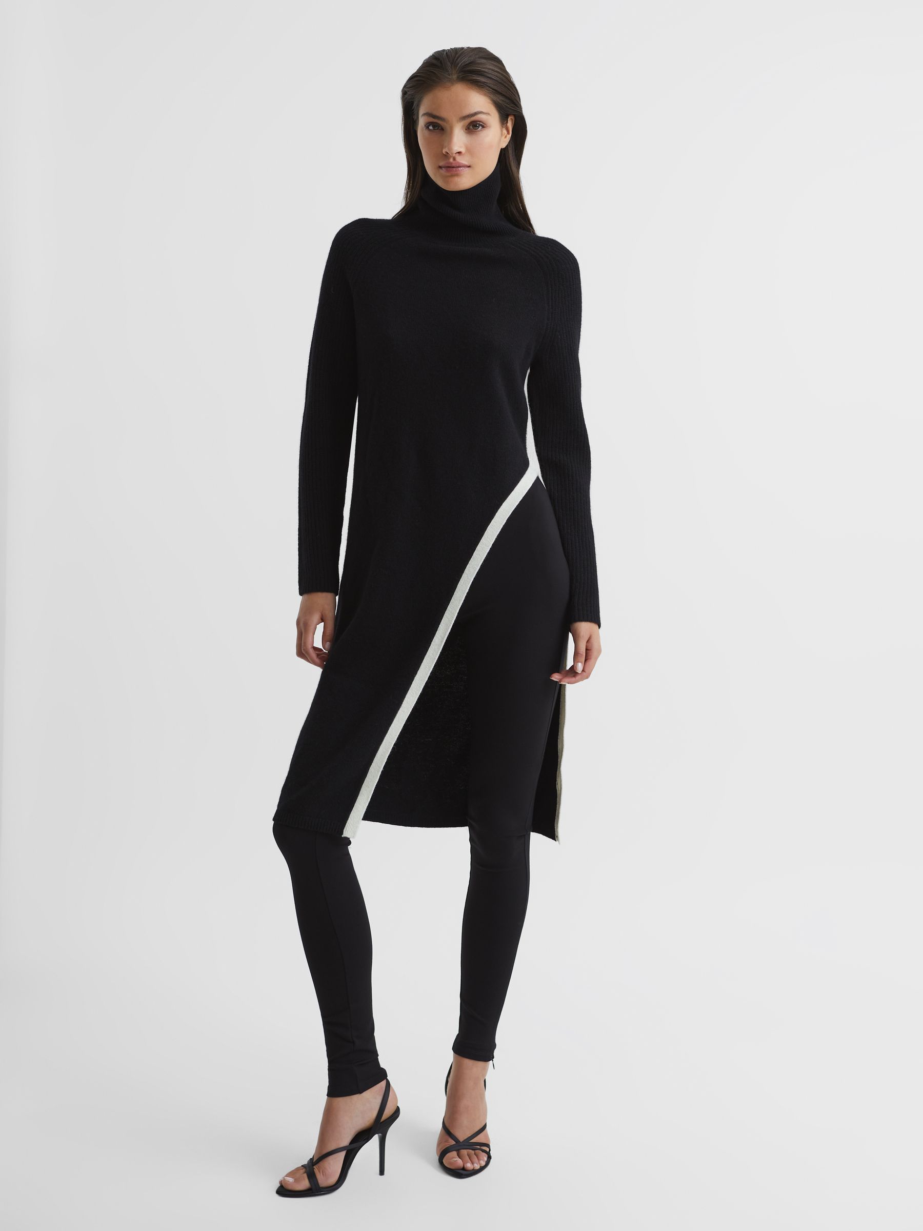 Roll Neck Spit Hem Tunic in Black/White - Image 1 of 6