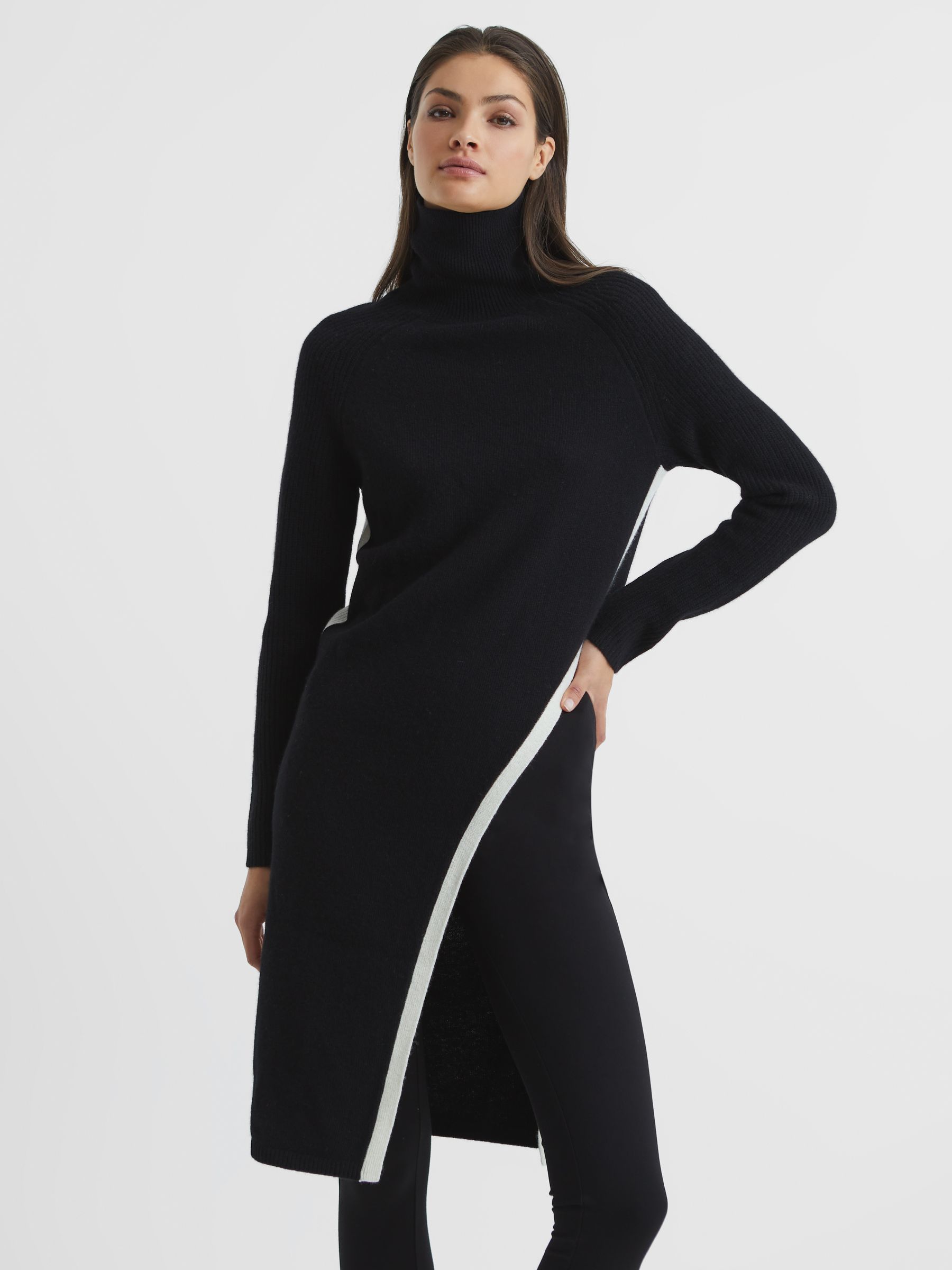 Roll Neck Spit Hem Tunic in Black/White - Image 3 of 6